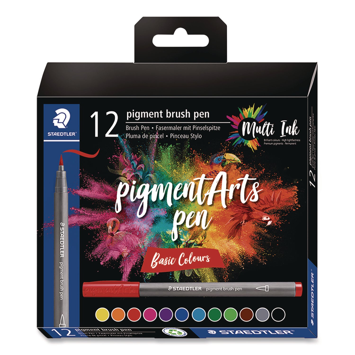 Staedtler® Pigment Brush Pen Set, Medium-Firm, Assorted Basic Colors, 12/Pack
