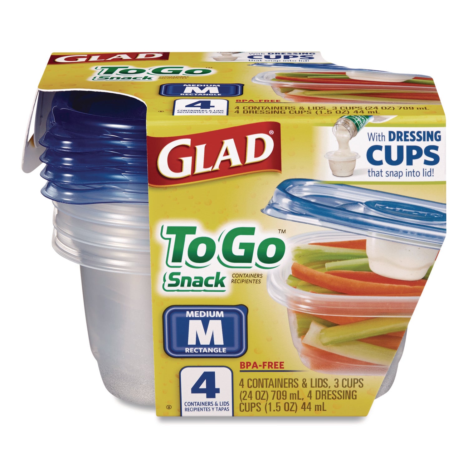 Glad® To Go Lunch Containers, 2 Compartments, 32 oz, Plastic, 4/Pack
