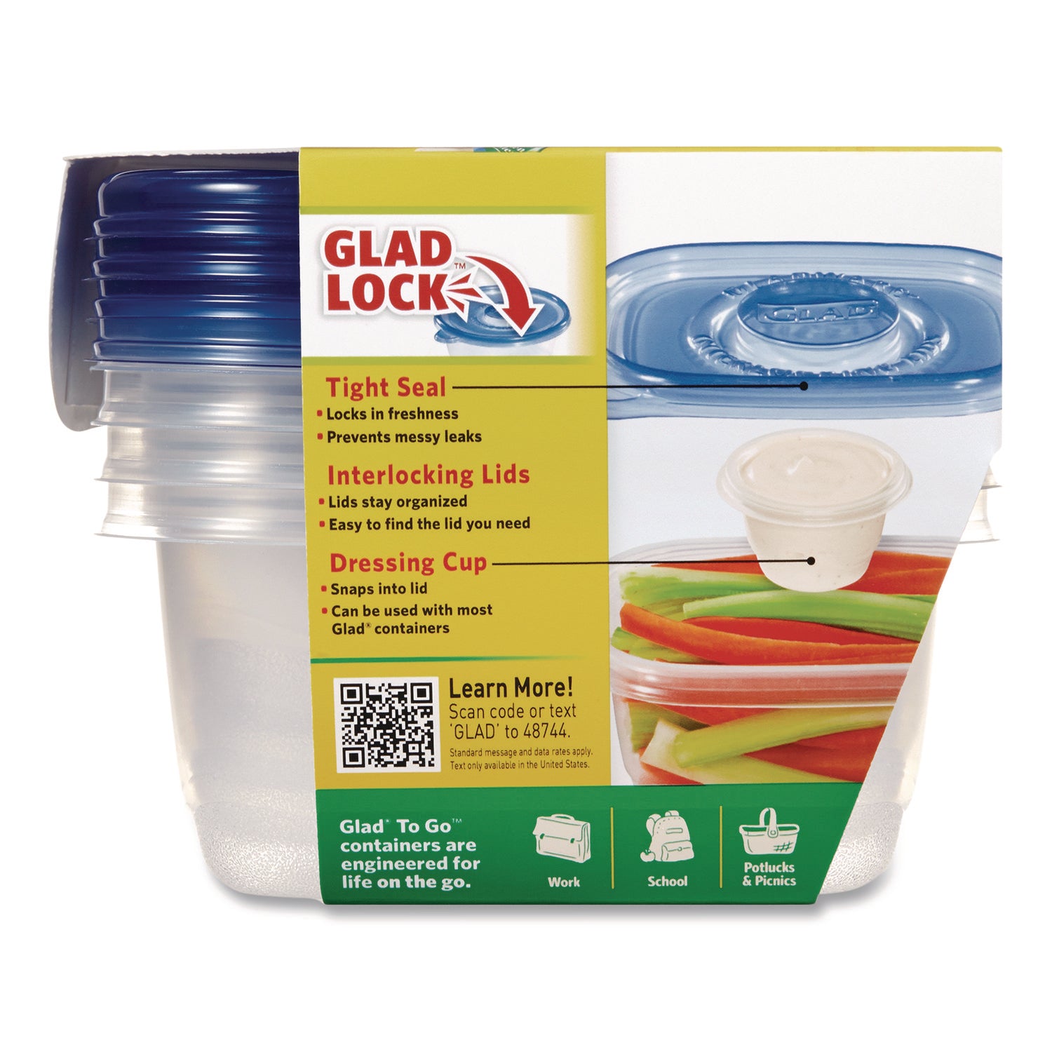 Glad® To Go Lunch Containers, 2 Compartments, 32 oz, Plastic, 4/Pack