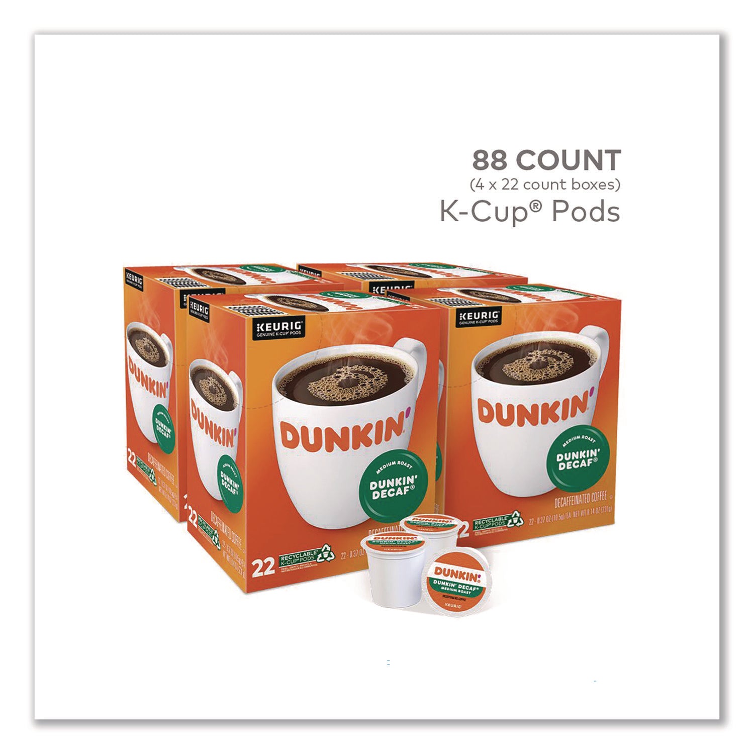 Dunkin'® K-Cups, Dunkin' Decaf, 0.37 oz, 22/Box, 4 Boxes/Carton