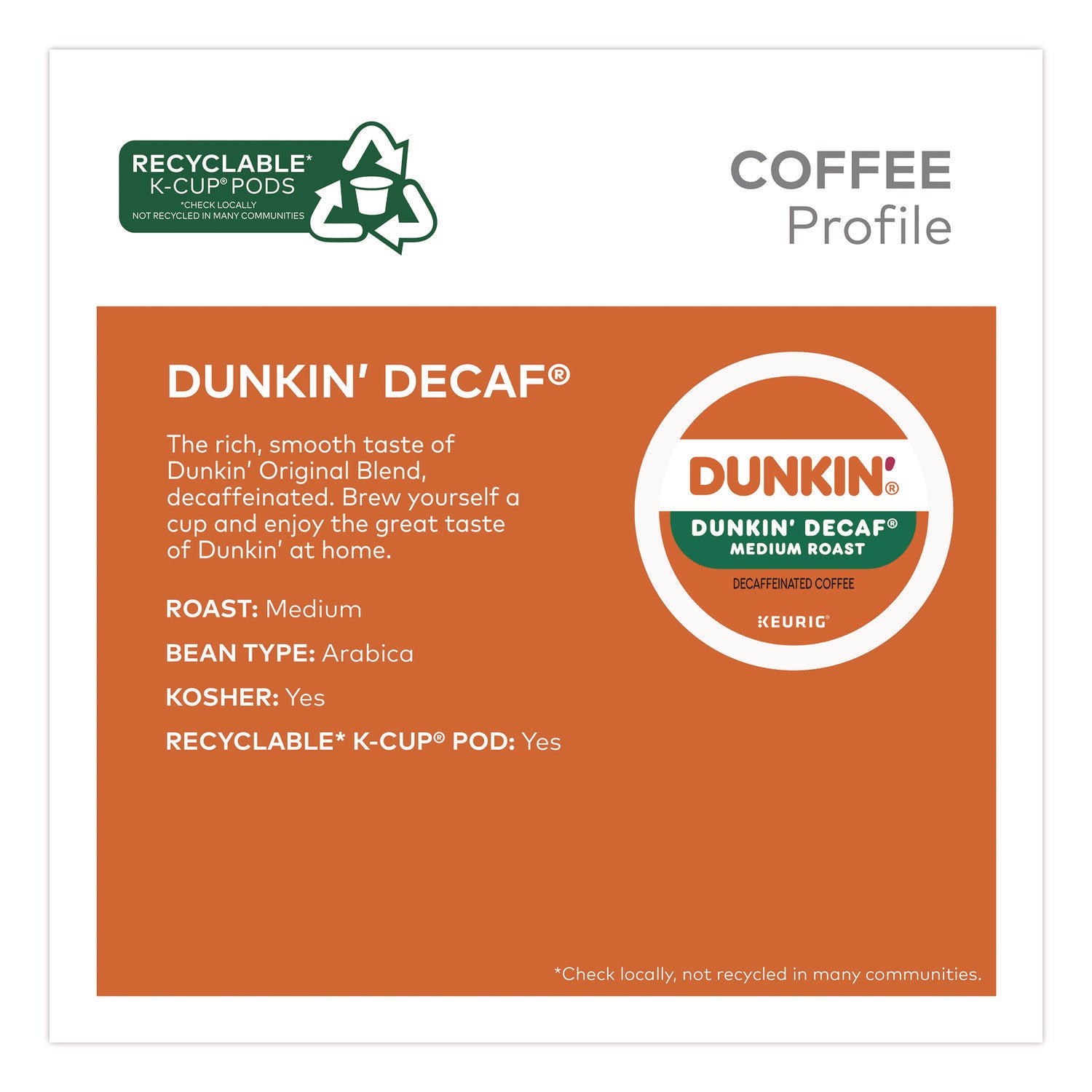 Dunkin'® K-Cups, Dunkin' Decaf, 0.37 oz, 22/Box, 4 Boxes/Carton