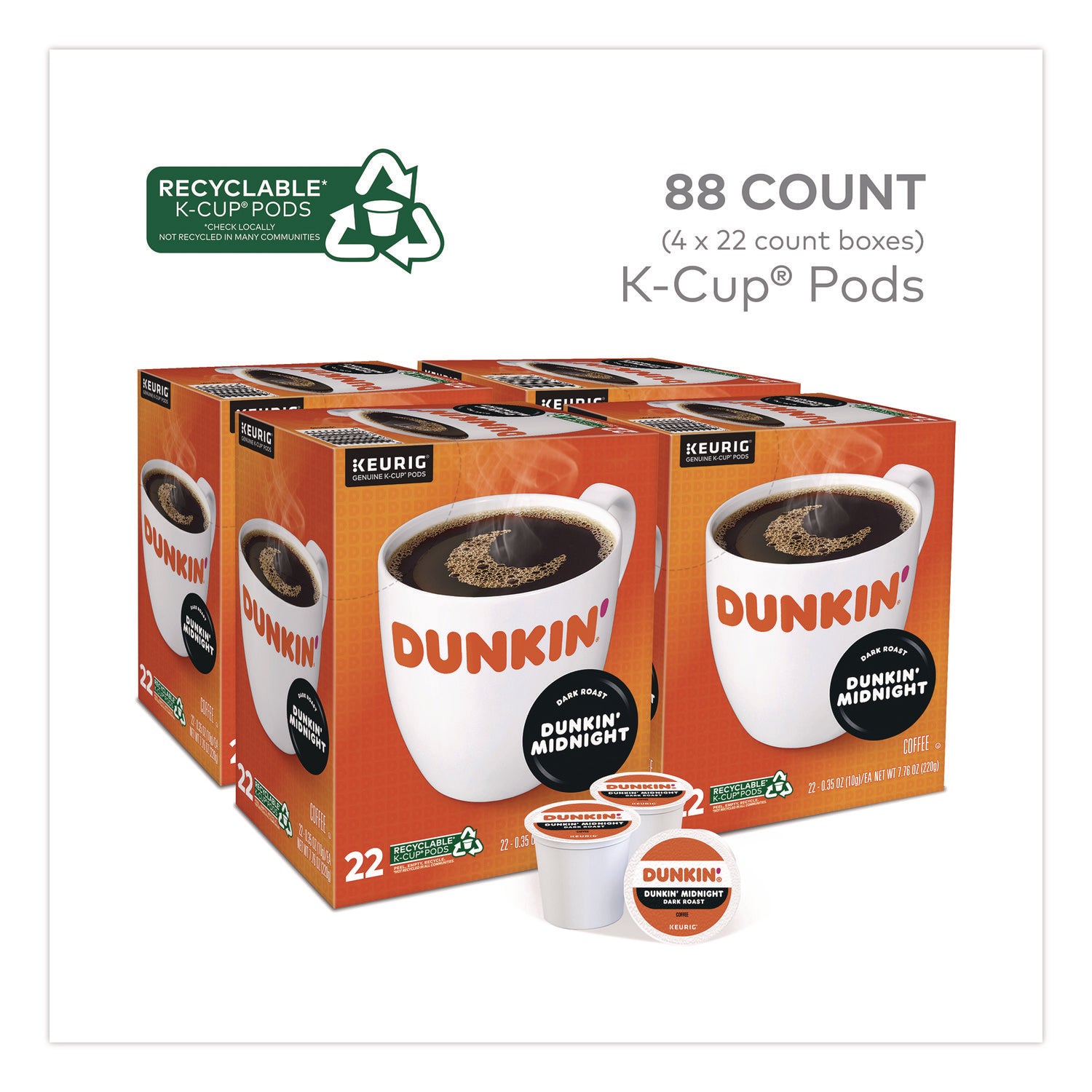 Dunkin'® Midnight Coffee K-Cups, 0.35 oz, 22/Box, 4 Boxes/Carton