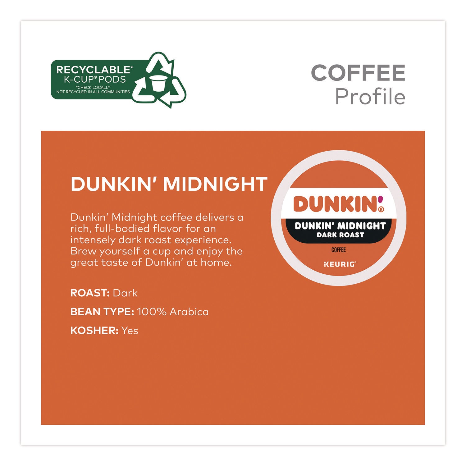 Dunkin'® Midnight Coffee K-Cups, 0.35 oz, 22/Box, 4 Boxes/Carton