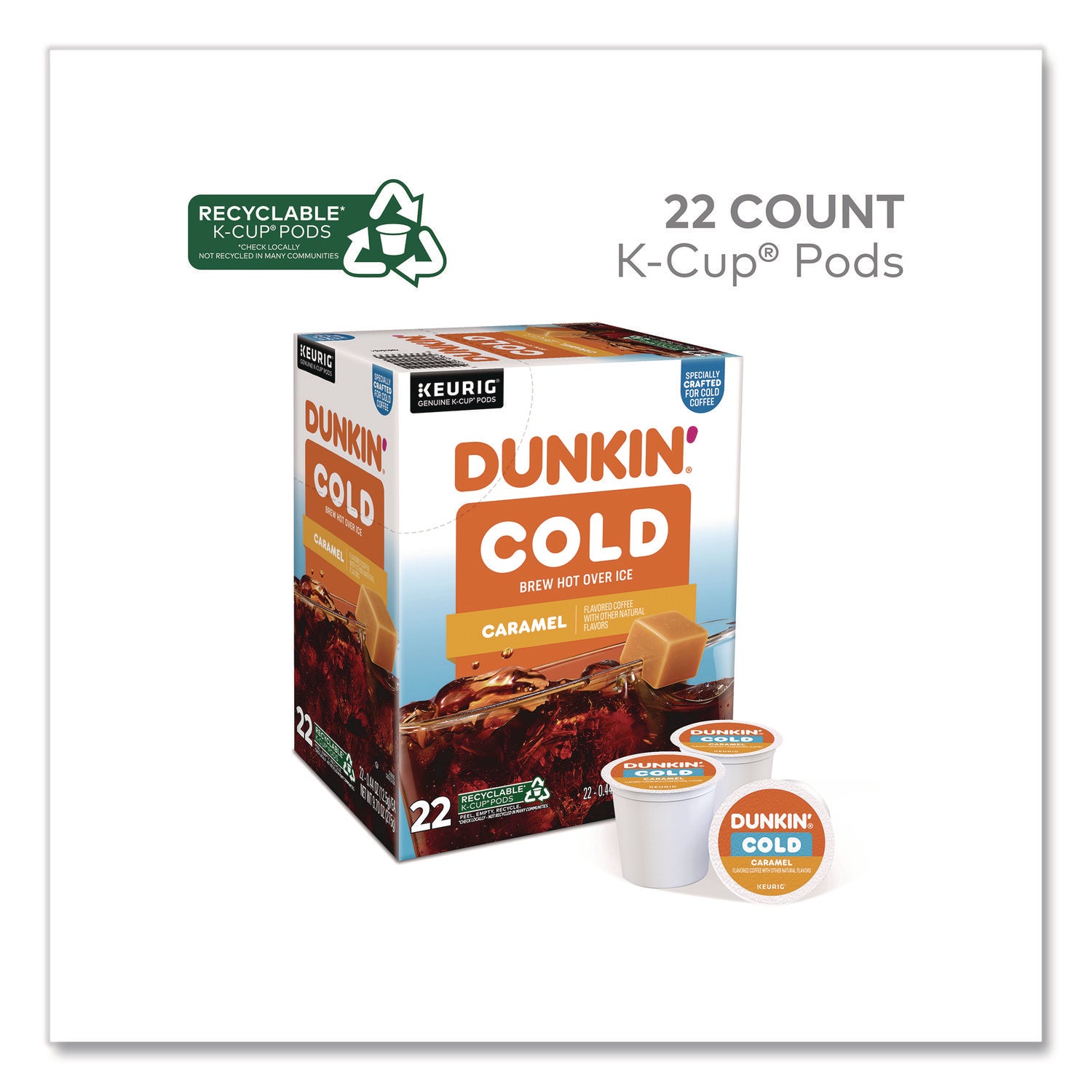 Dunkin'® Cold Iced Coffee K-Cups, Caramel, 0.44 oz, 22/Box