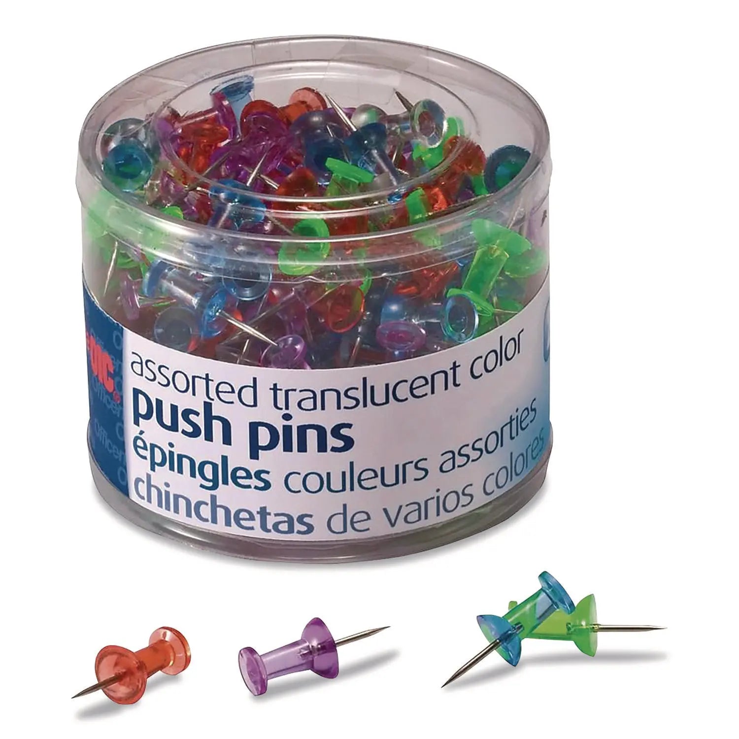 Officemate Push Pins, Assorted Plastic Head, 0.5" Pin, 200/Pack Officemate Flipcost