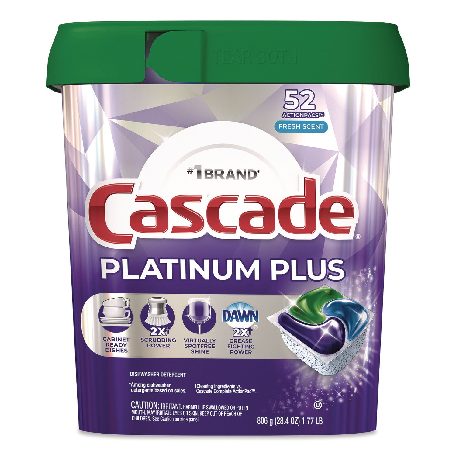 Cascade® Platinum Plus ActionPacs Dishwasher Detergent Pods, Fresh Scent, 28.4 oz Tub, 52/Pack