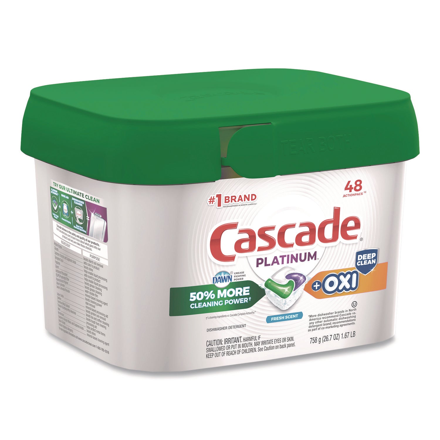 Cascade® Action Pacs+Oxi, Fresh Scent, 26.7 oz Tub, 48/Pack