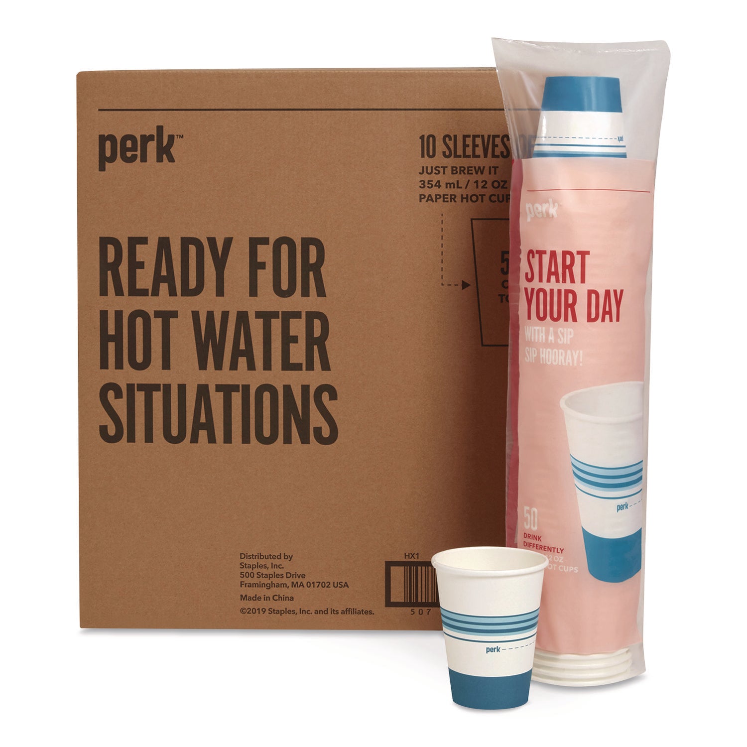 Perk™ Paper Hot Cups, 12 oz, White/Blue, 500/Carton