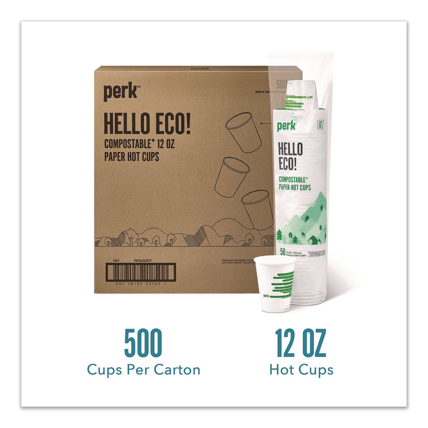 Perk™ Eco-ID Compostable Paper Hot Cups, 12 oz, White/Green, 500/Carton