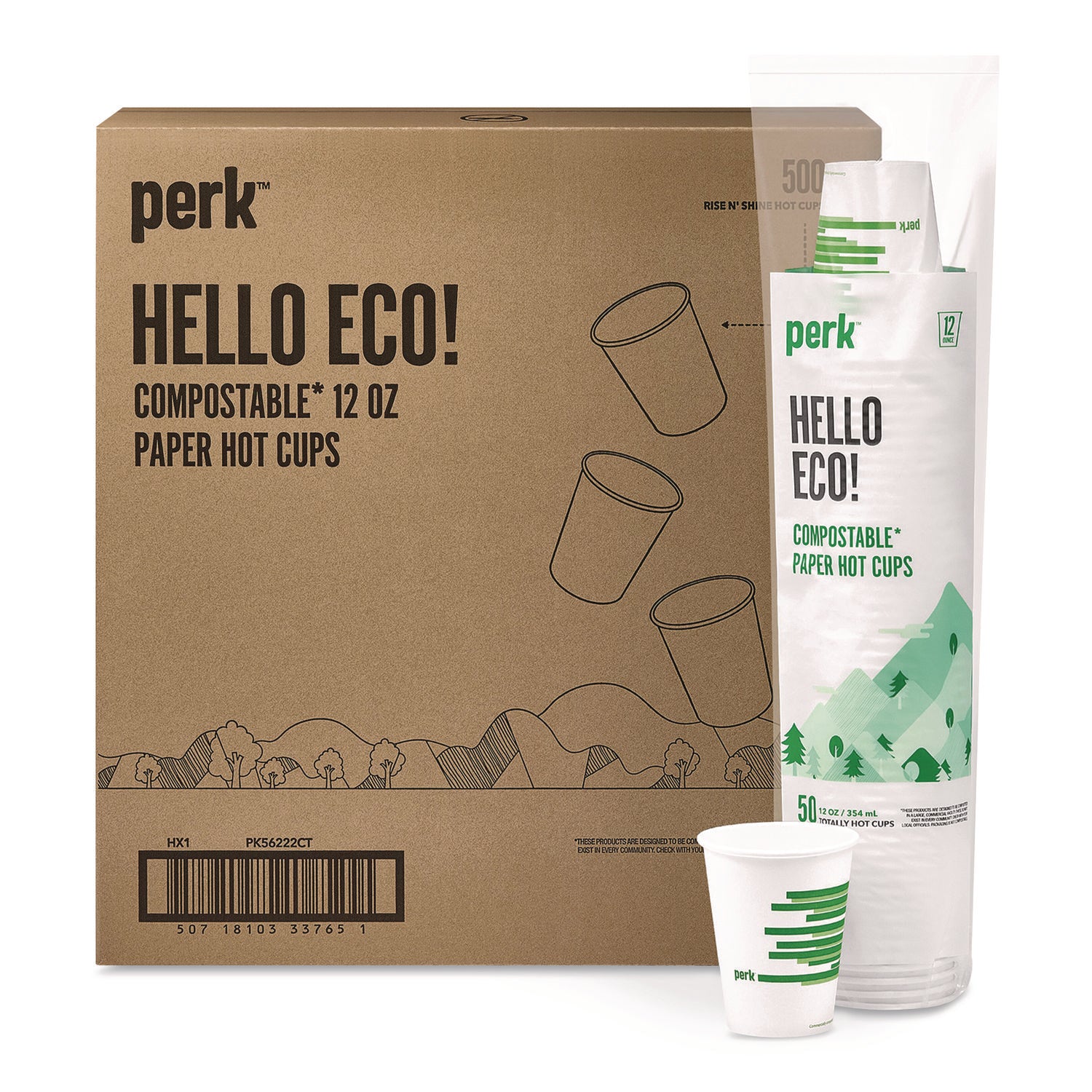 Perk™ Eco-ID Compostable Paper Hot Cups, 12 oz, White/Green, 500/Carton