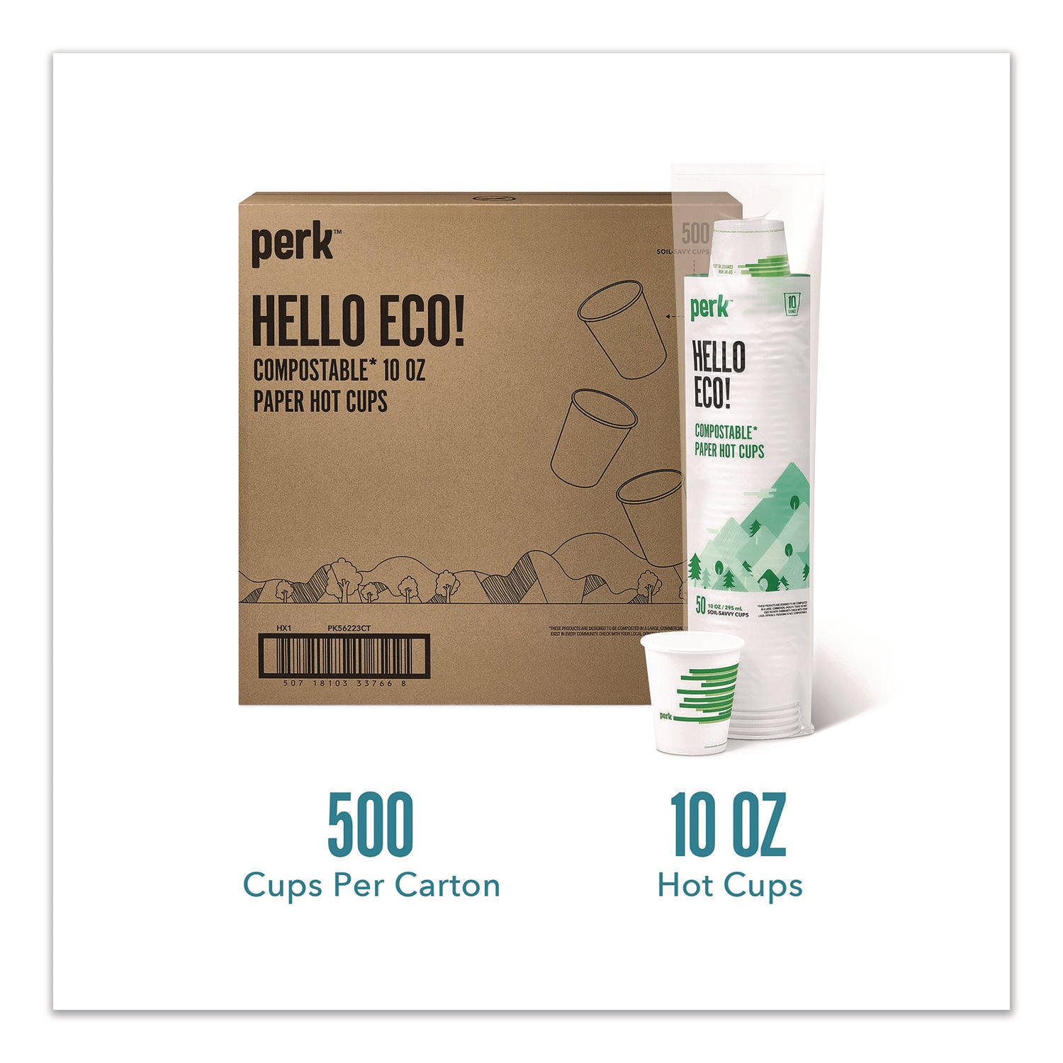 Perk™ Eco-ID Compostable Paper Hot Cups, 10 oz, White/Green, 500/Carton