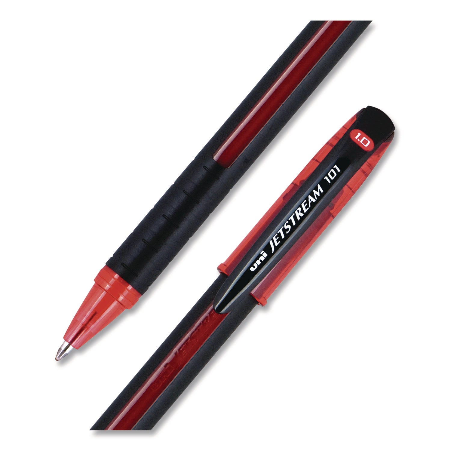 uniball® Jetstream 101 Hybrid Gel Pen, Stick, Bold 1 mm, Red Ink, Black/Red Barrel, Dozen