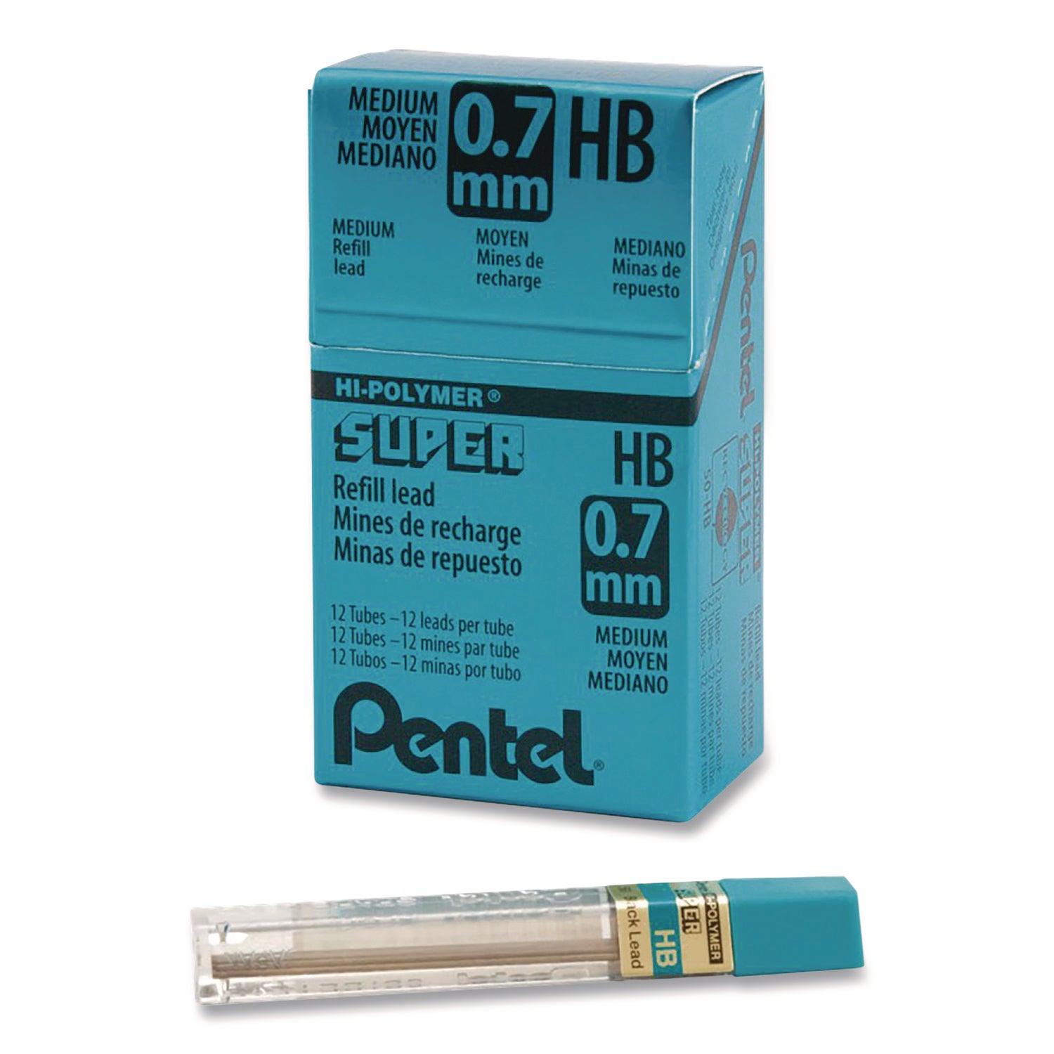 Pentel® Super Hi-Polymer Lead Refills, 0.7 mm, HB, Black, 12 Leads/Tube, 12 Tubes/Box