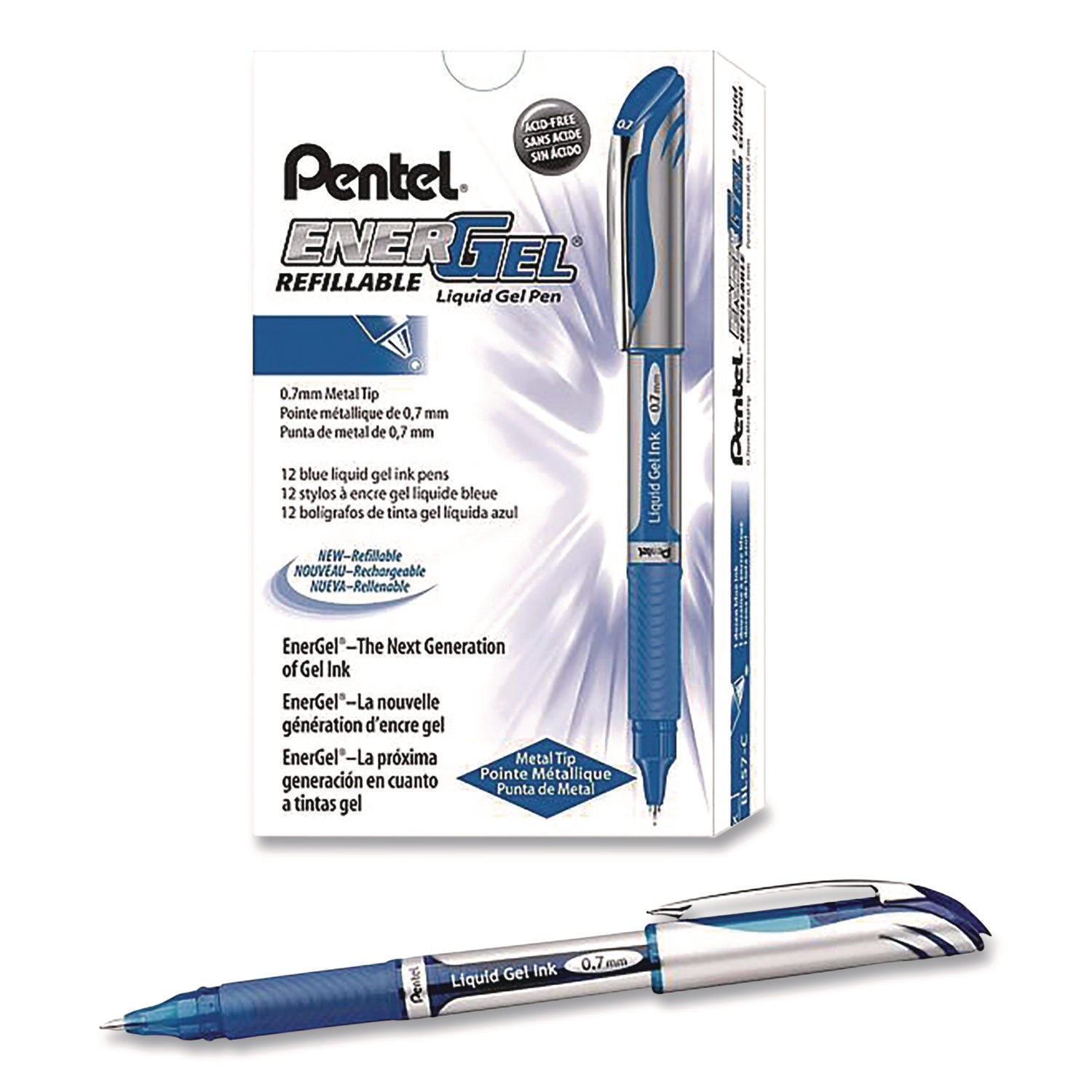 Pentel® EnerGel Deluxe Gel Pen, Stick, Medium 0.7 mm, Blue Ink, Silver/Blue Barrel, Dozen