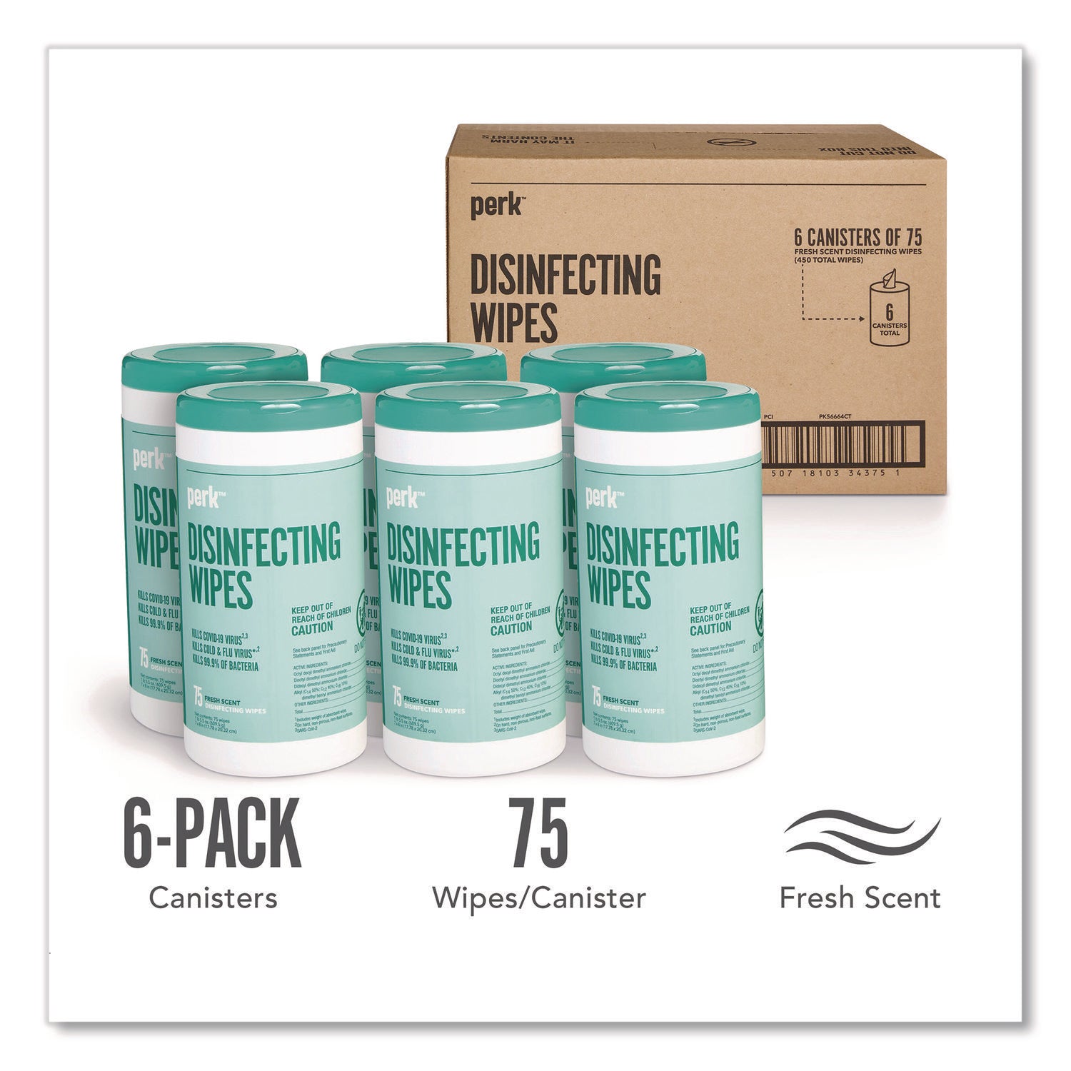 Perk™ Disinfecting Wipes, 7 x 8, Fresh, White, 75 Wipes/Canister, 6/Carton