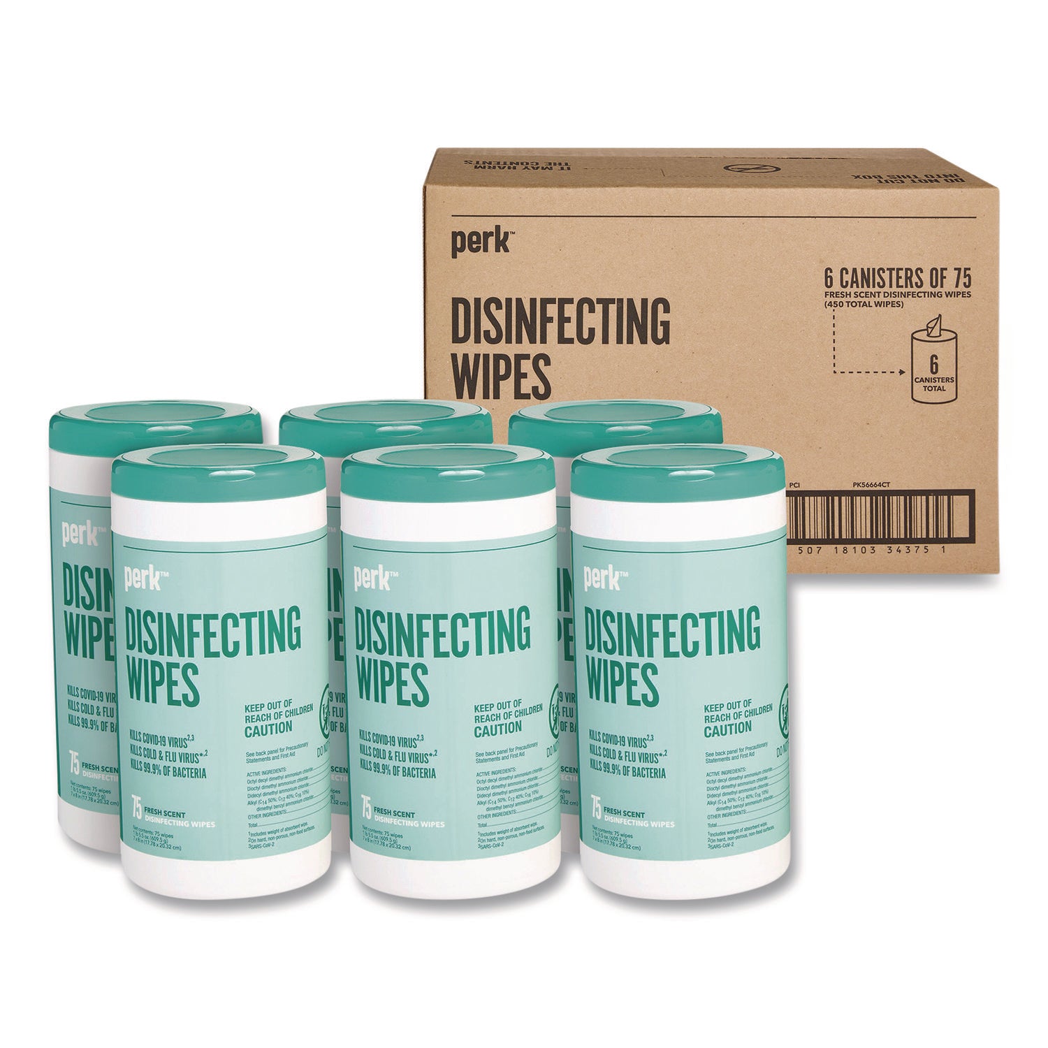 Perk™ Disinfecting Wipes, 7 x 8, Fresh, White, 75 Wipes/Canister, 6/Carton
