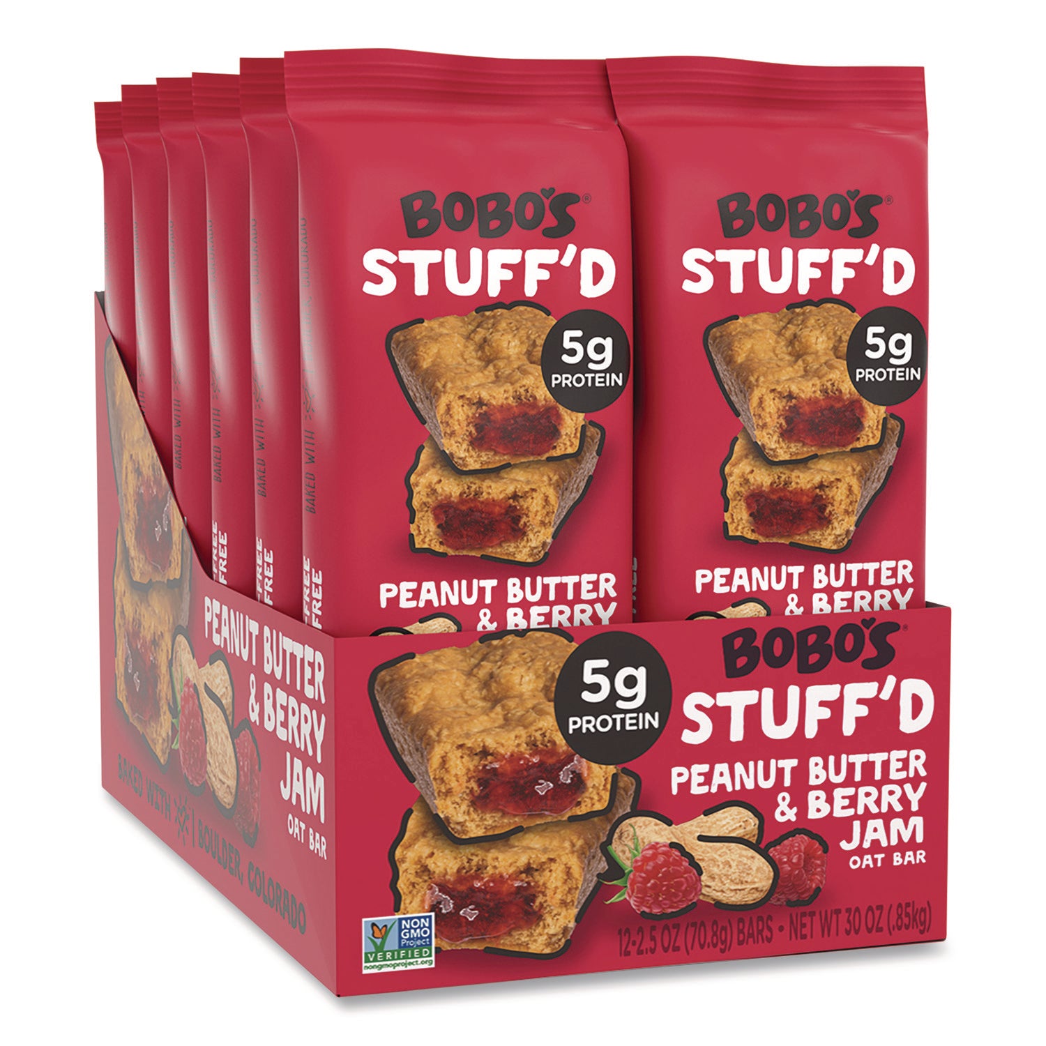 Bobo's Stuff'd Gluten-Free Peanut Butter and Berry Jam Oat Bar, 2.5 oz Bar, 12/Box