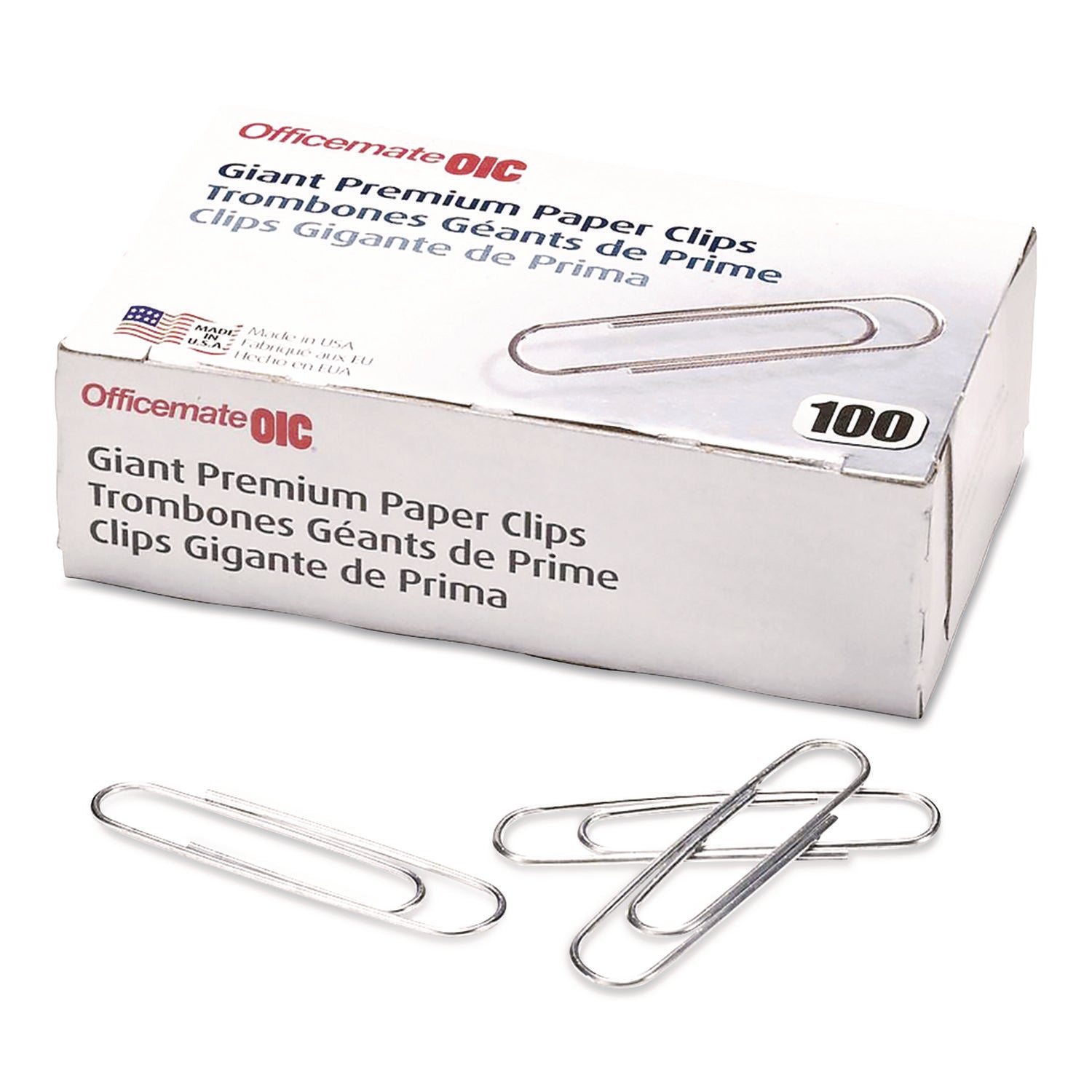 Officemate Premium Jumbo Paper Clips, Jumbo, Smooth, Silver, 100/Box, 10 Boxes/Pack