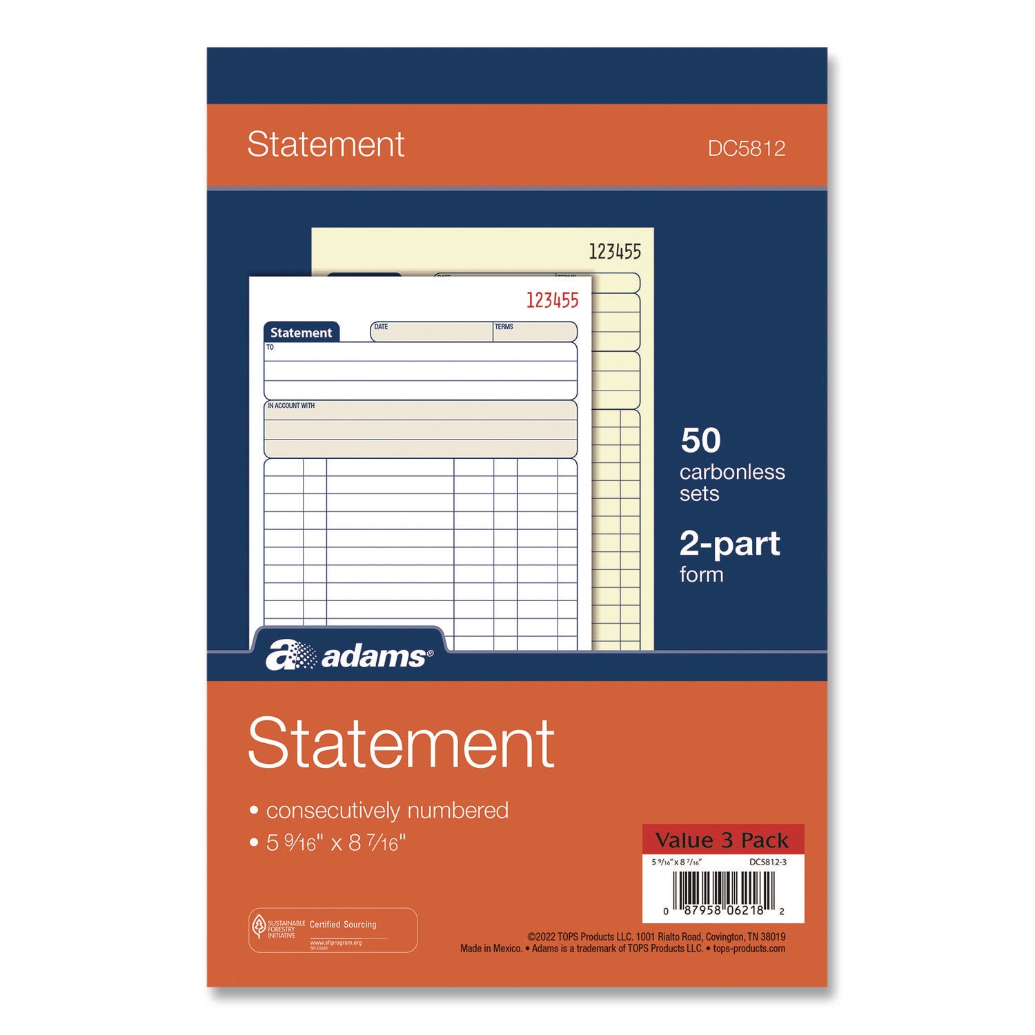 Adams® Multipart Statement Pad, Two-Part Carbonless, 5.56 x 7.94, 50 Sets/Pad, 3 Pads/PK