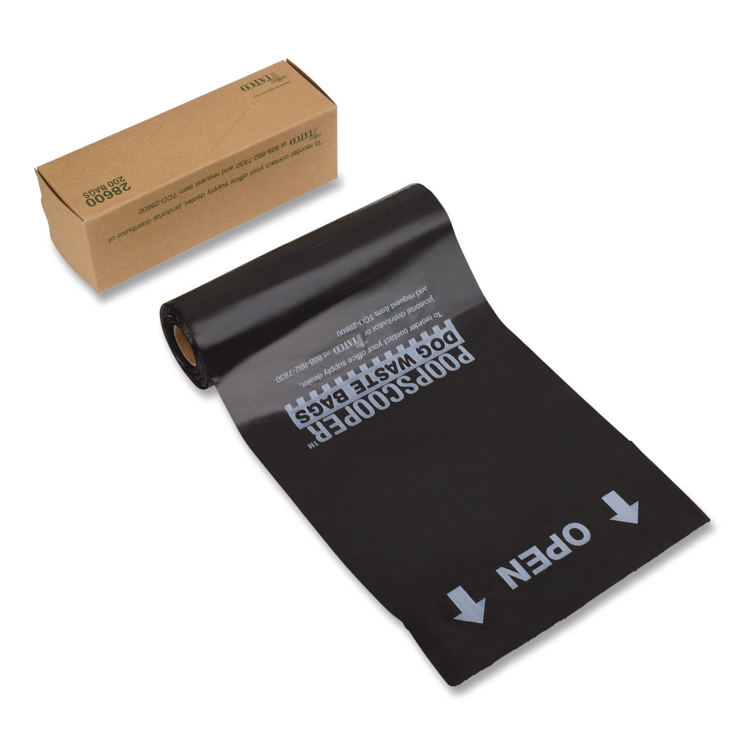 Tatco Dog Waste Bags, Open-Face, 0.5 gal, 8" x 13", Black, Perforated Roll, 200 Bags/Roll, 10 Rolls/Carton
