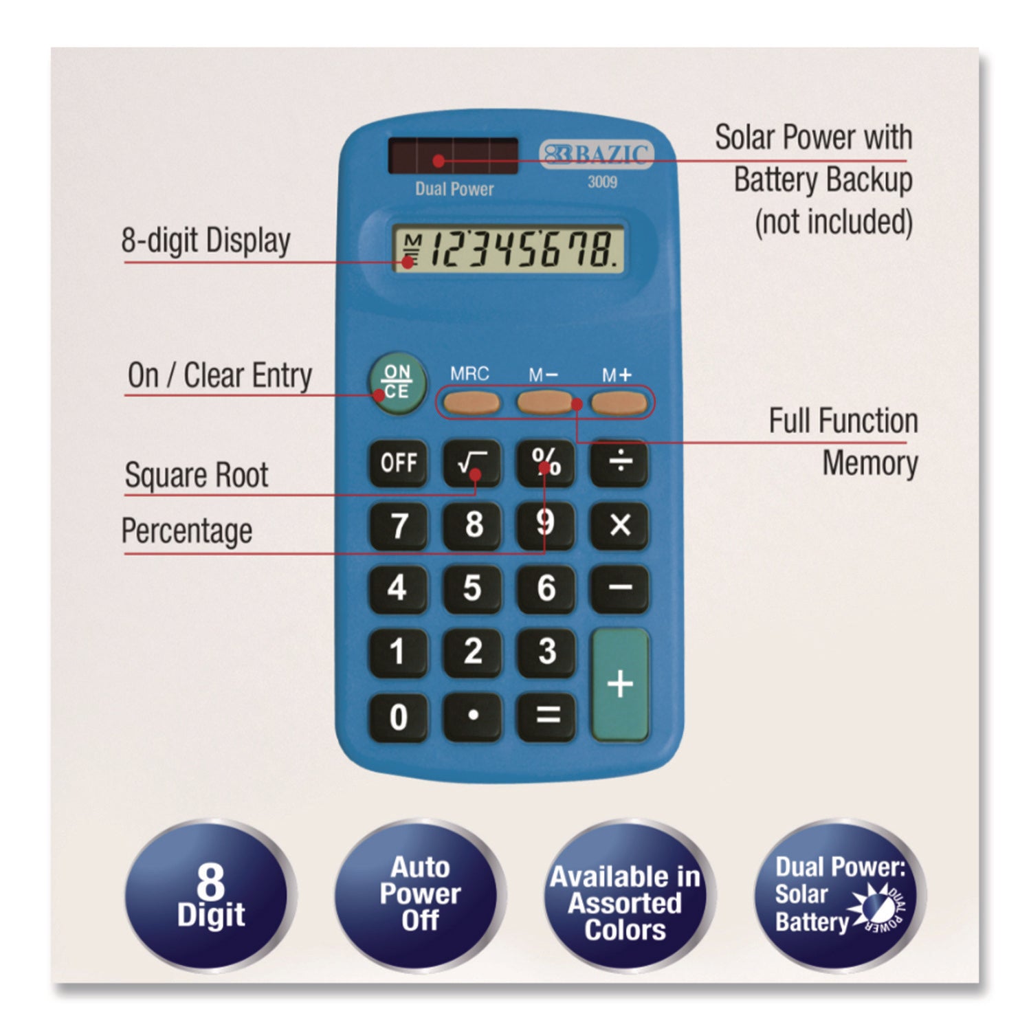 BAZIC® Products Dual Power Pocket Size Calculator, 8-Digit, LCD