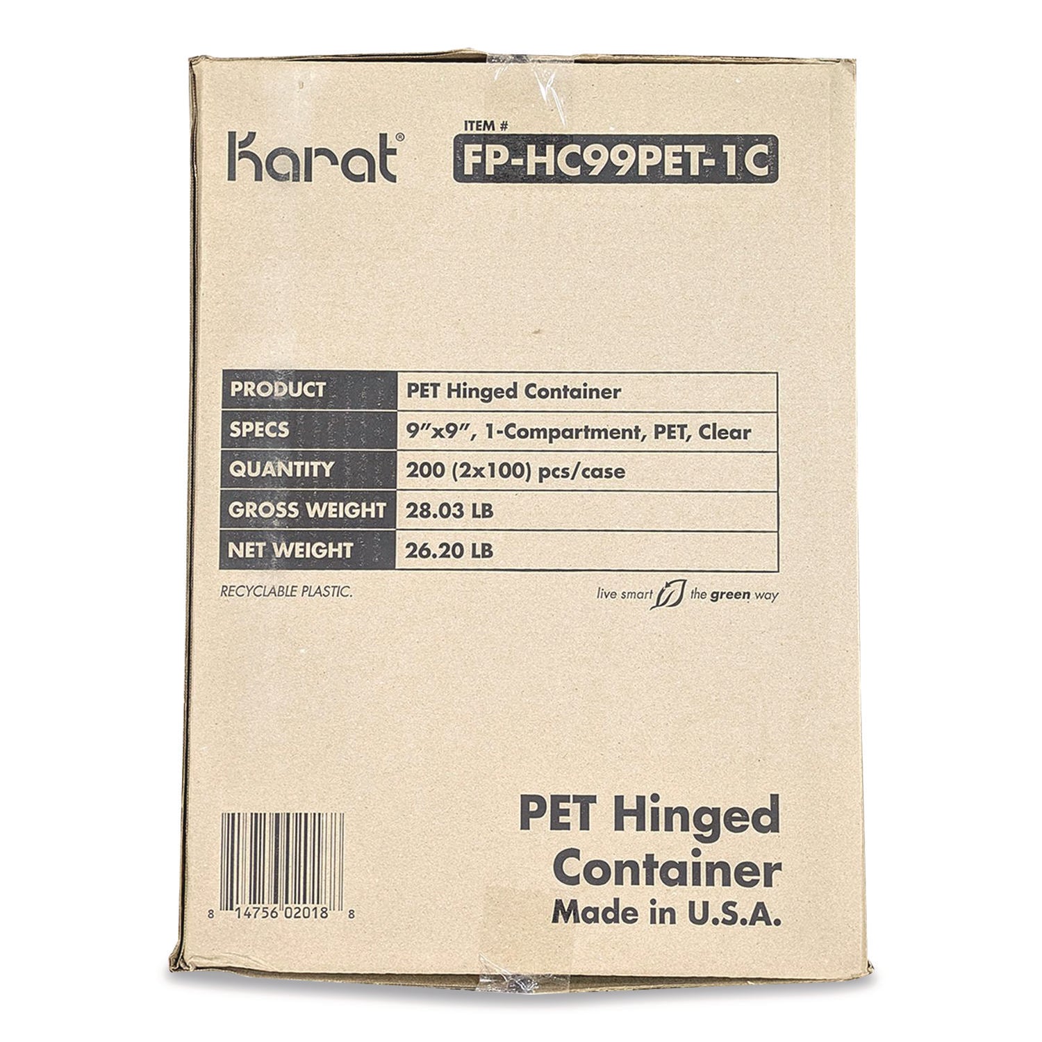 Karat® PET Plastic Hinged Container, 9 x 9 x 3.6, Clear, Plastic, 100/Pack, 2 Packs/Carton