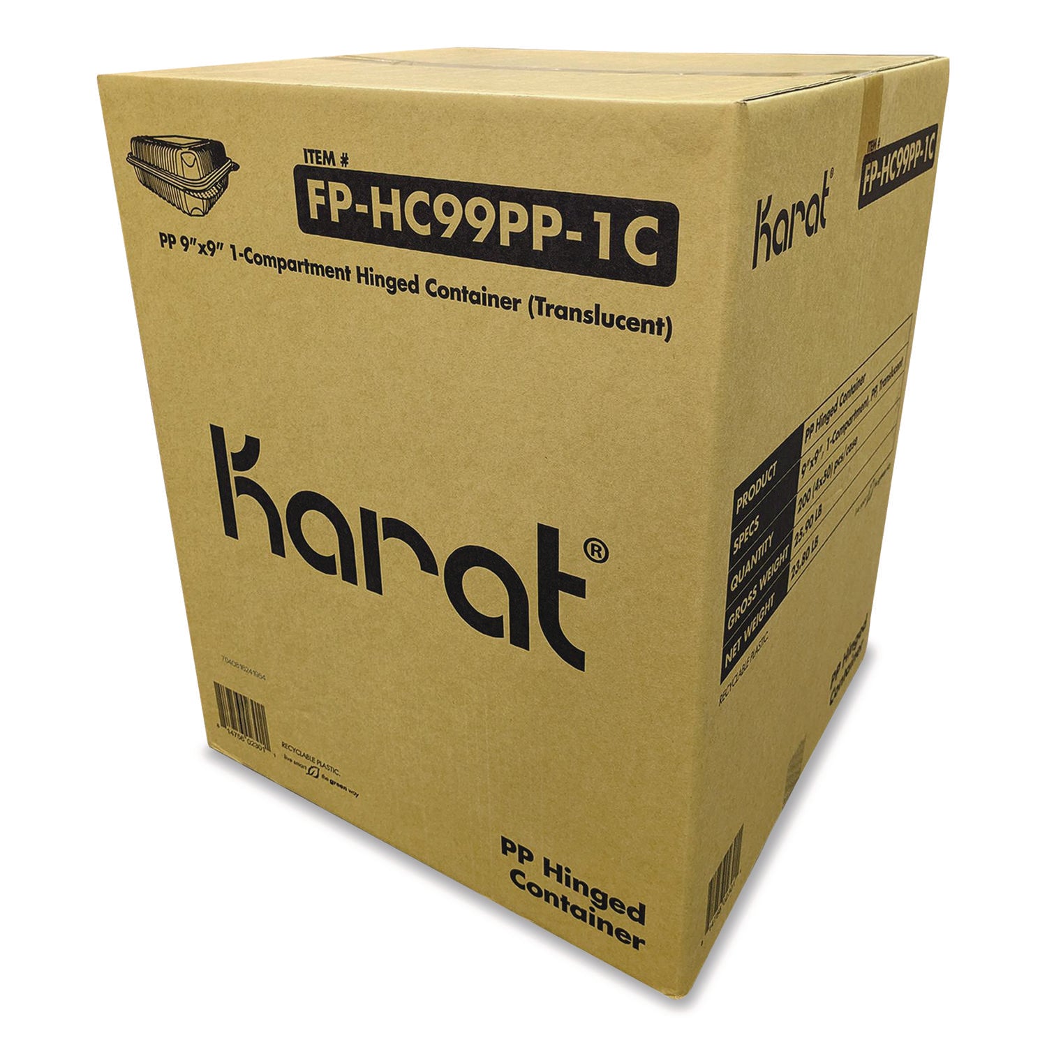 Karat® Polypropylene Plastic Hinged Container, 9.35 x 9.22 x 3.17, Clear, Plastic, 50/Pack, 4 Packs/Carton