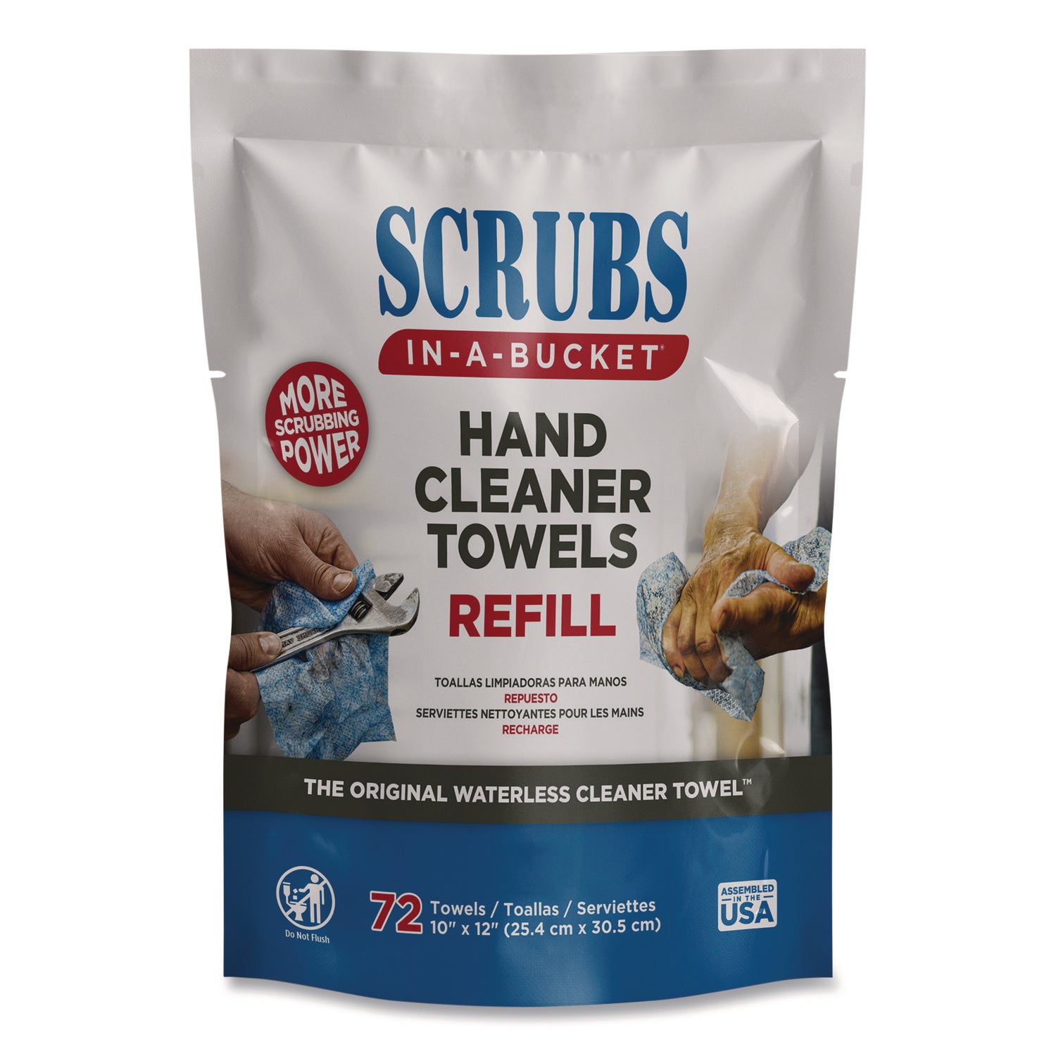 SCRUBS® Hand Cleaner Towels, SCRUBS in-a-Bucket Refill, 1-Ply, 10 x 12, Citrus, Blue/White, 72/Pack, 6 Packs/Carton