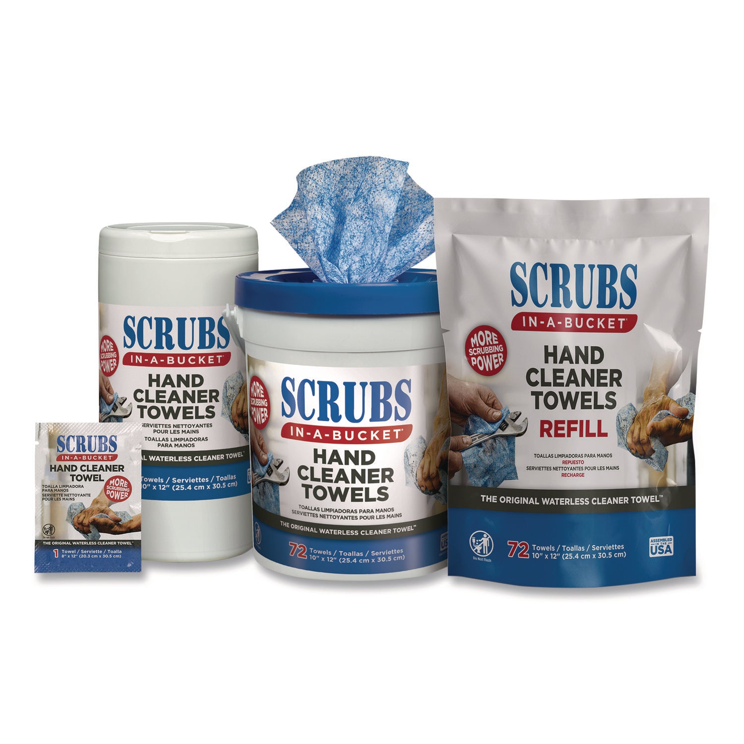 SCRUBS® Hand Cleaner Towels, SCRUBS in-a-Bucket Refill, 1-Ply, 10 x 12, Citrus, Blue/White, 72/Pack, 6 Packs/Carton