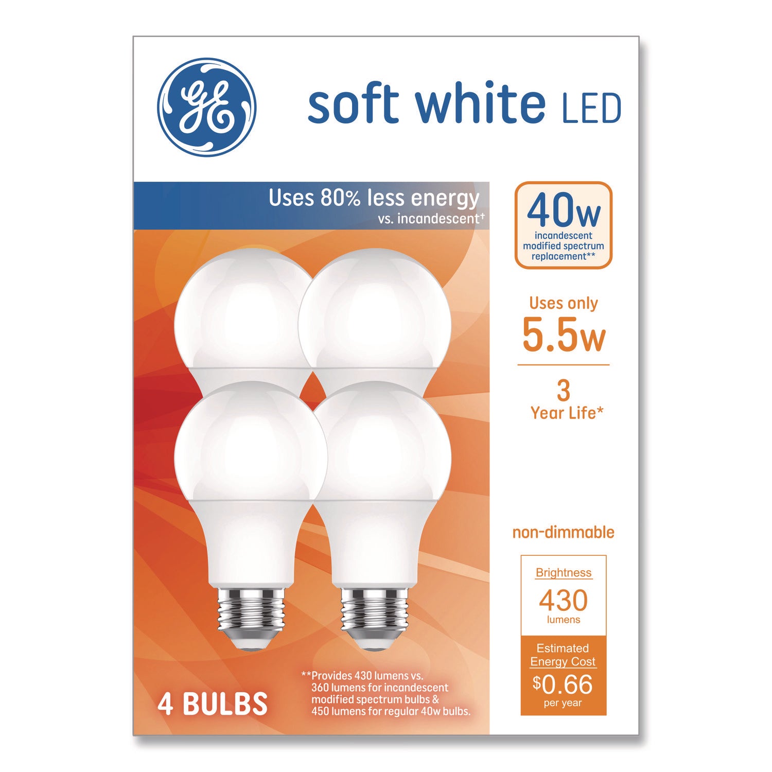 GE Classic LED SW Non-Dim A19 Light Bulb, 5.5 W, Soft White, 4/Pack
