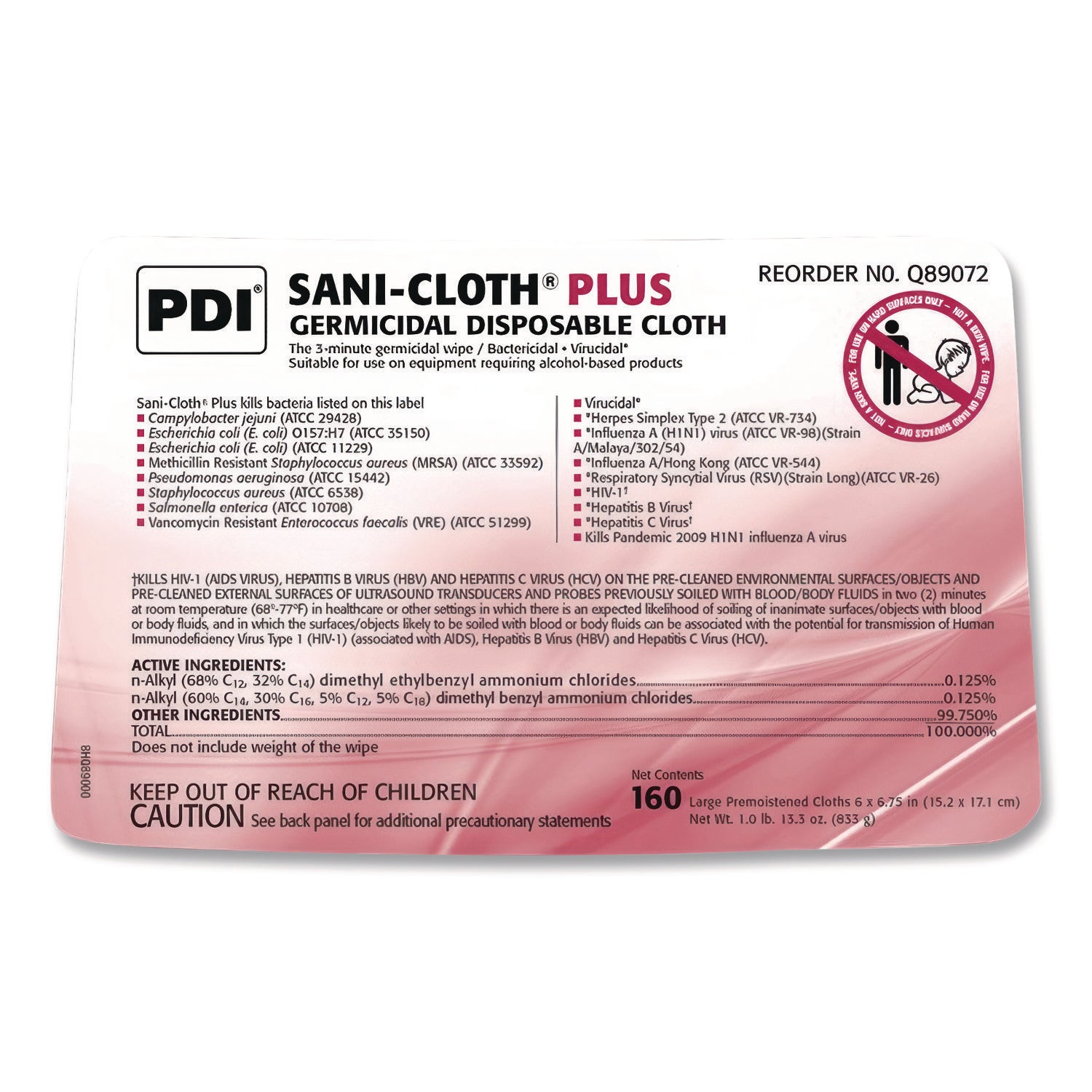 Sani Professional® PDI San-Cloth Plus Germicidal Disposable Cloth, 6 x 6.75, Unscented, White, 160/Pack