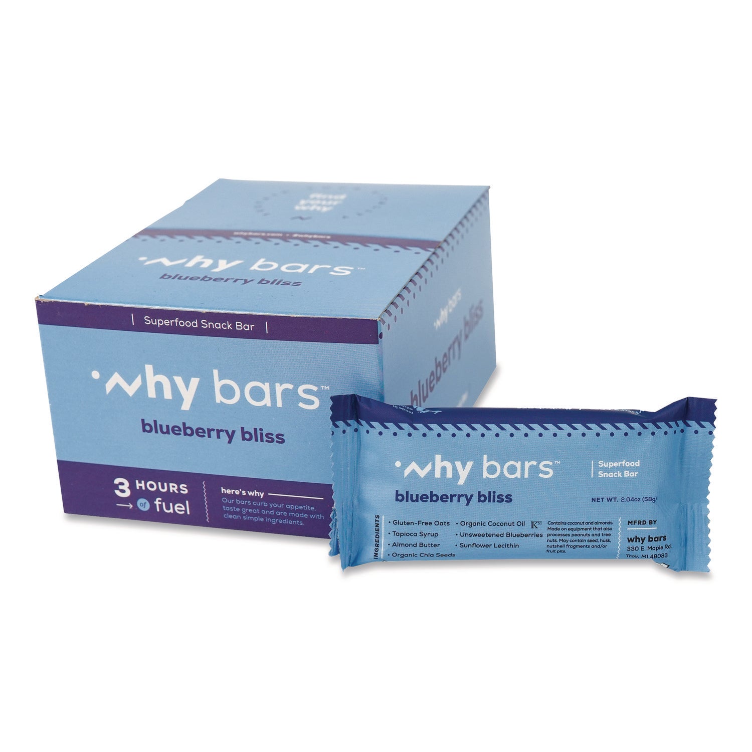 Why Bars™ Superfood Snack Bar, Blueberry Bliss, 2.04 oz Bar, 12/Box