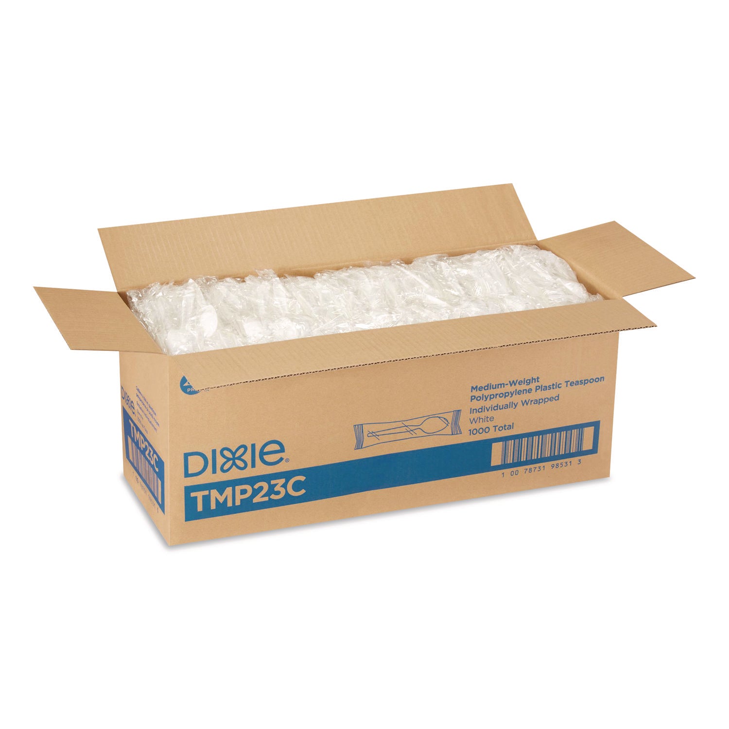 Dixie® Mediumweight Polypropylene Cutlery, Individually Wrapped, Teaspoon, Plastic, White, 1,000/Carton
