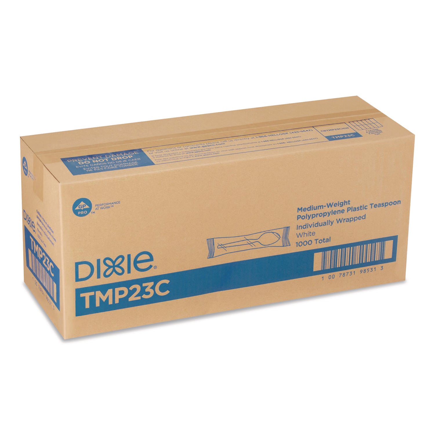 Dixie® Mediumweight Polypropylene Cutlery, Individually Wrapped, Teaspoon, Plastic, White, 1,000/Carton