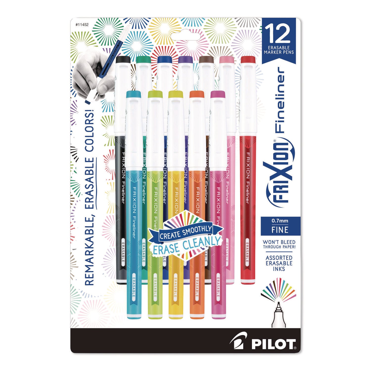 Pilot® FriXion Fineliner Erasable Porous Point Pen, Stick, Fine 0.7 mm, Assorted Ink, Assorted Barrel, 12/Pack