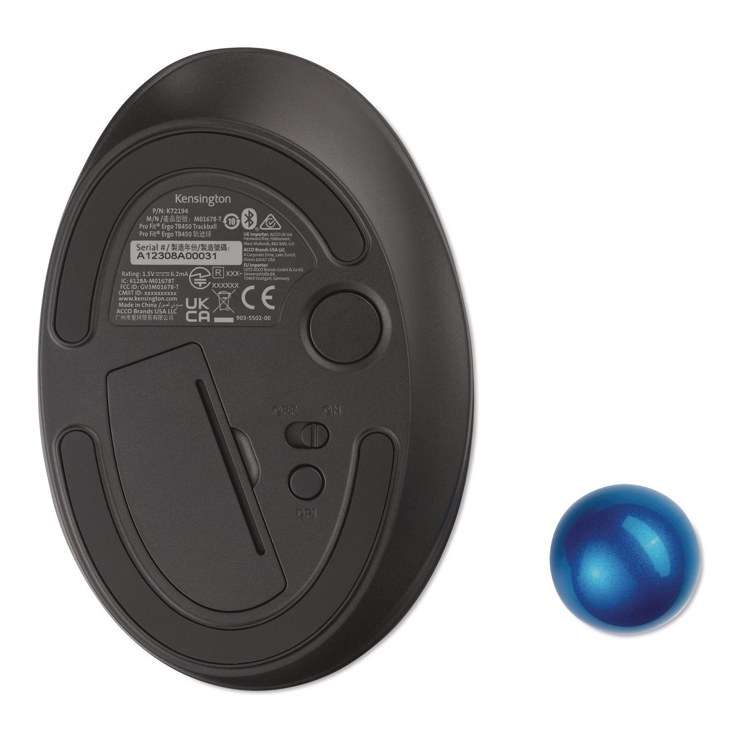 Kensington® Pro Fit Ergo TB450 Trackball, 2.4 GHz Frequency/6 ft Wireless Range, Right Hand Use, Black