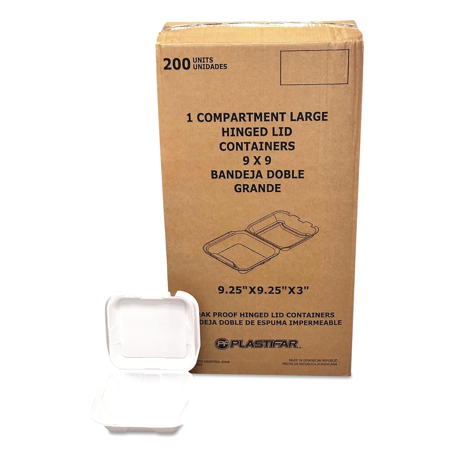 Plastifar Foam Hinged Lid Containers, 9 x 10 x 3, White, Foam, 200/Carton