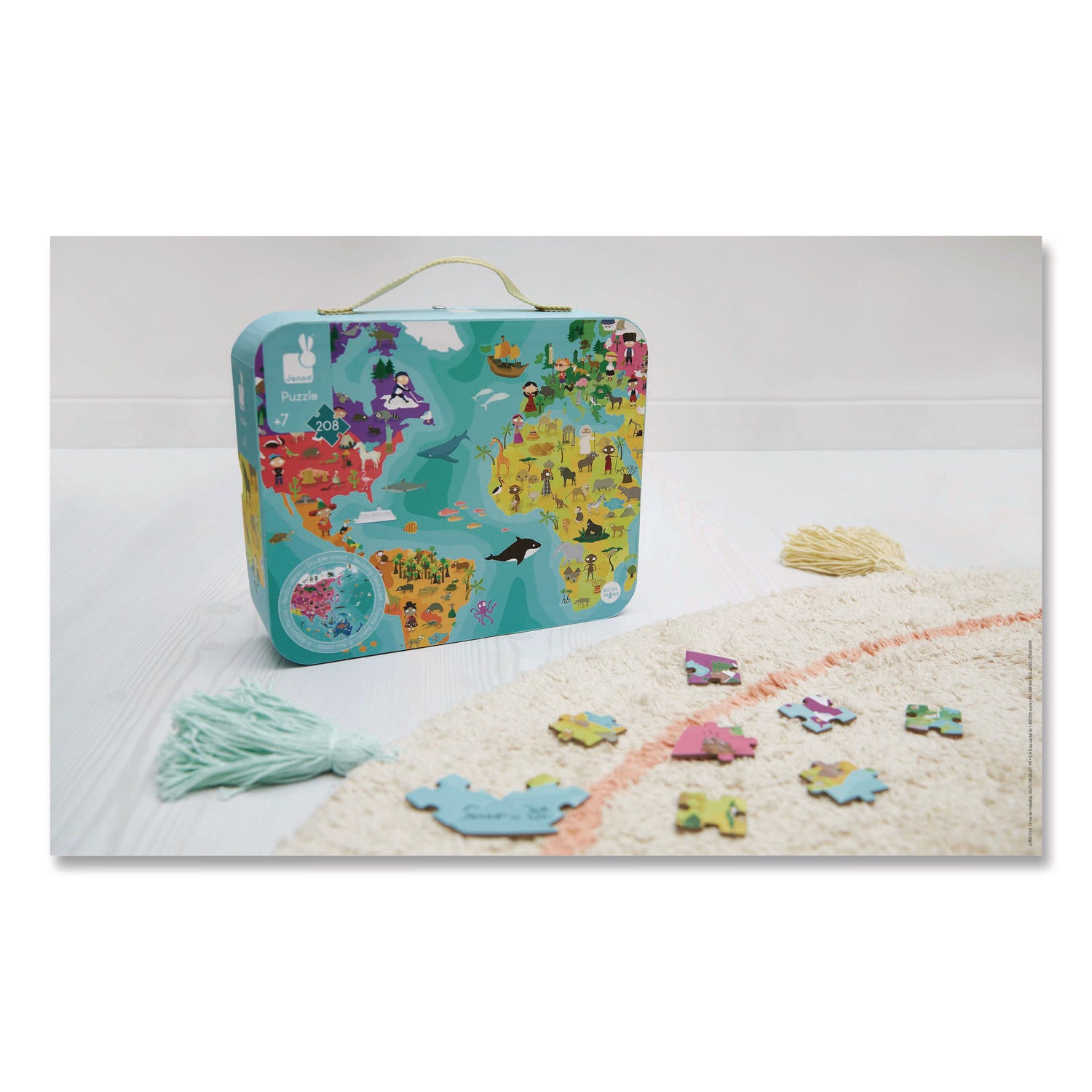 Janod® Cardboard Puzzle, Round Double-Sided Blue Planet Suitcase, 208 Pieces, Ages 7 Years and Up