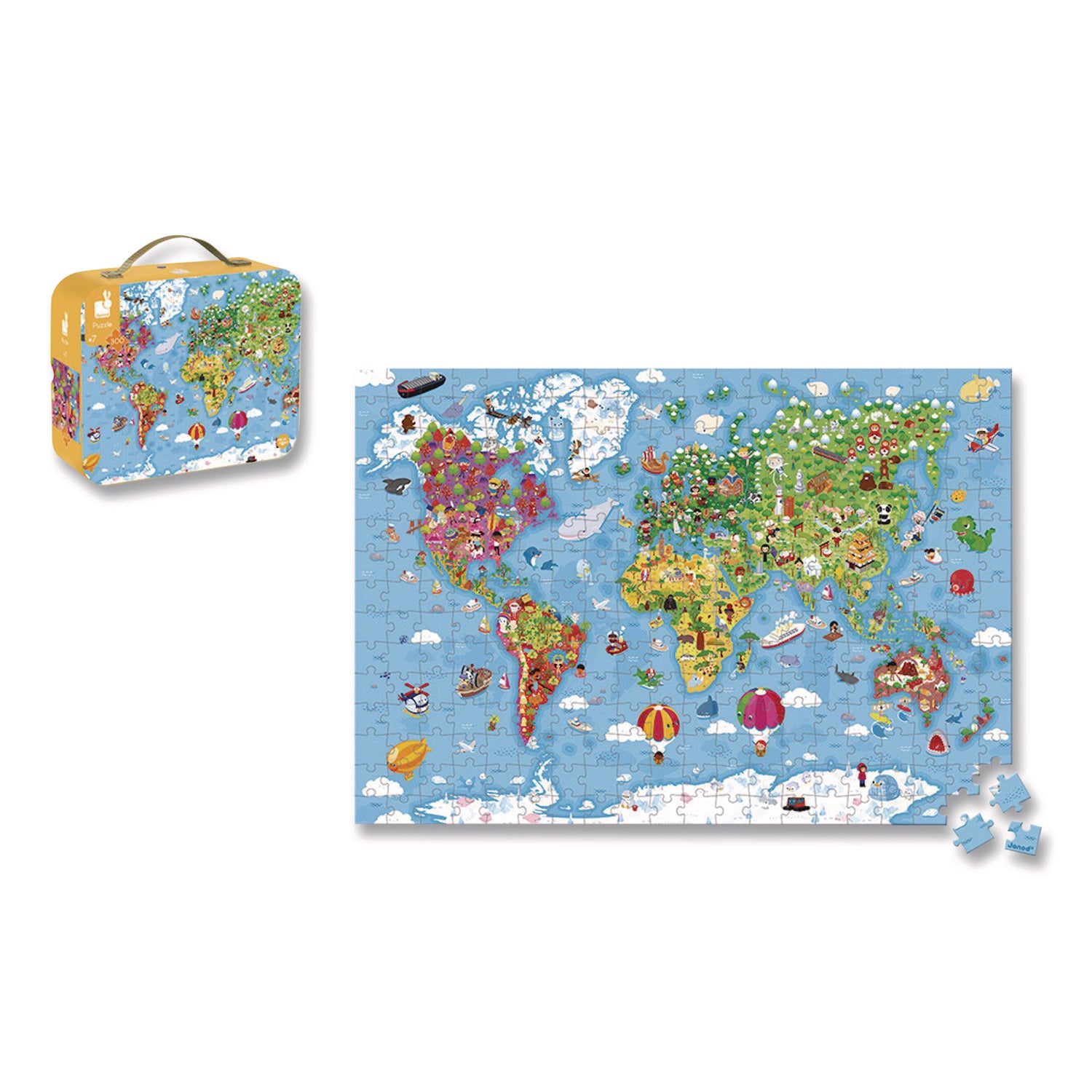 Janod® Cardboard Puzzle, Giant World Map Suitcase Puzzle, 300 Pieces, Ages 7 Years and Up