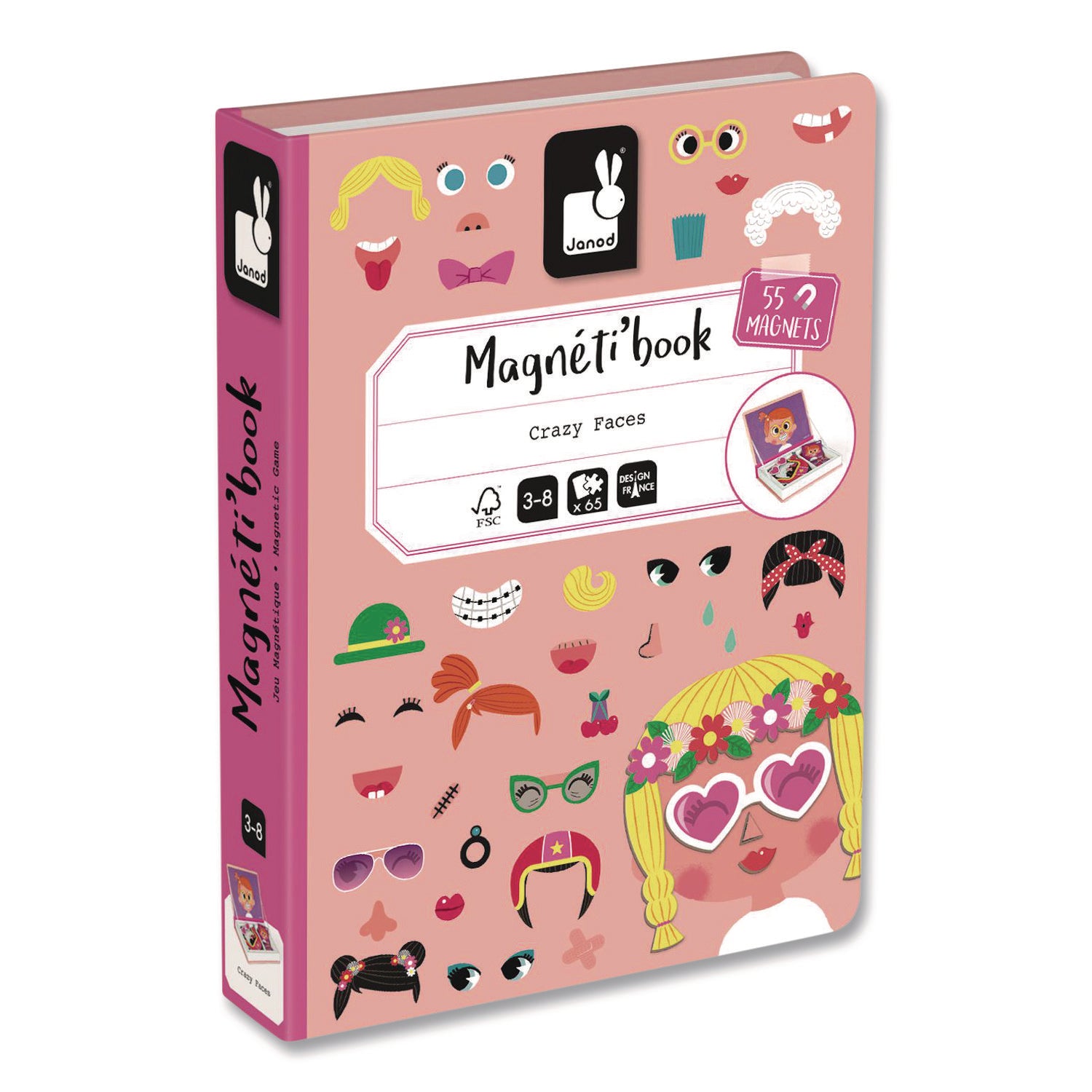 Janod® Magneti'books, Girl's Crazy Faces, 65 Pieces (10 Cards, 55 Magnetic Shapes), Ages 3 to 8