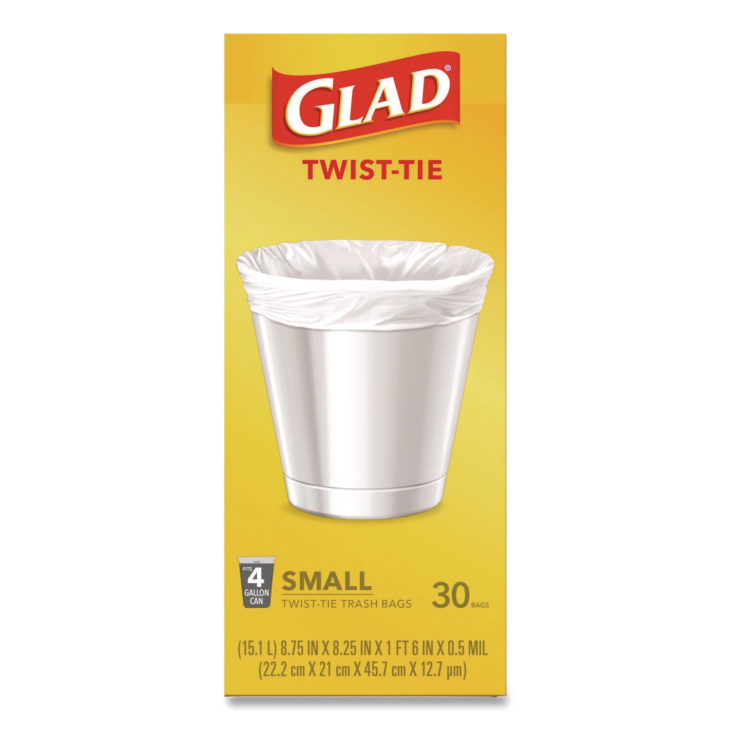 Glad® Small Twist-Tie Trash Bags, 4 gal, 0.74 mil, 23 x 21.63, White, 30/Box