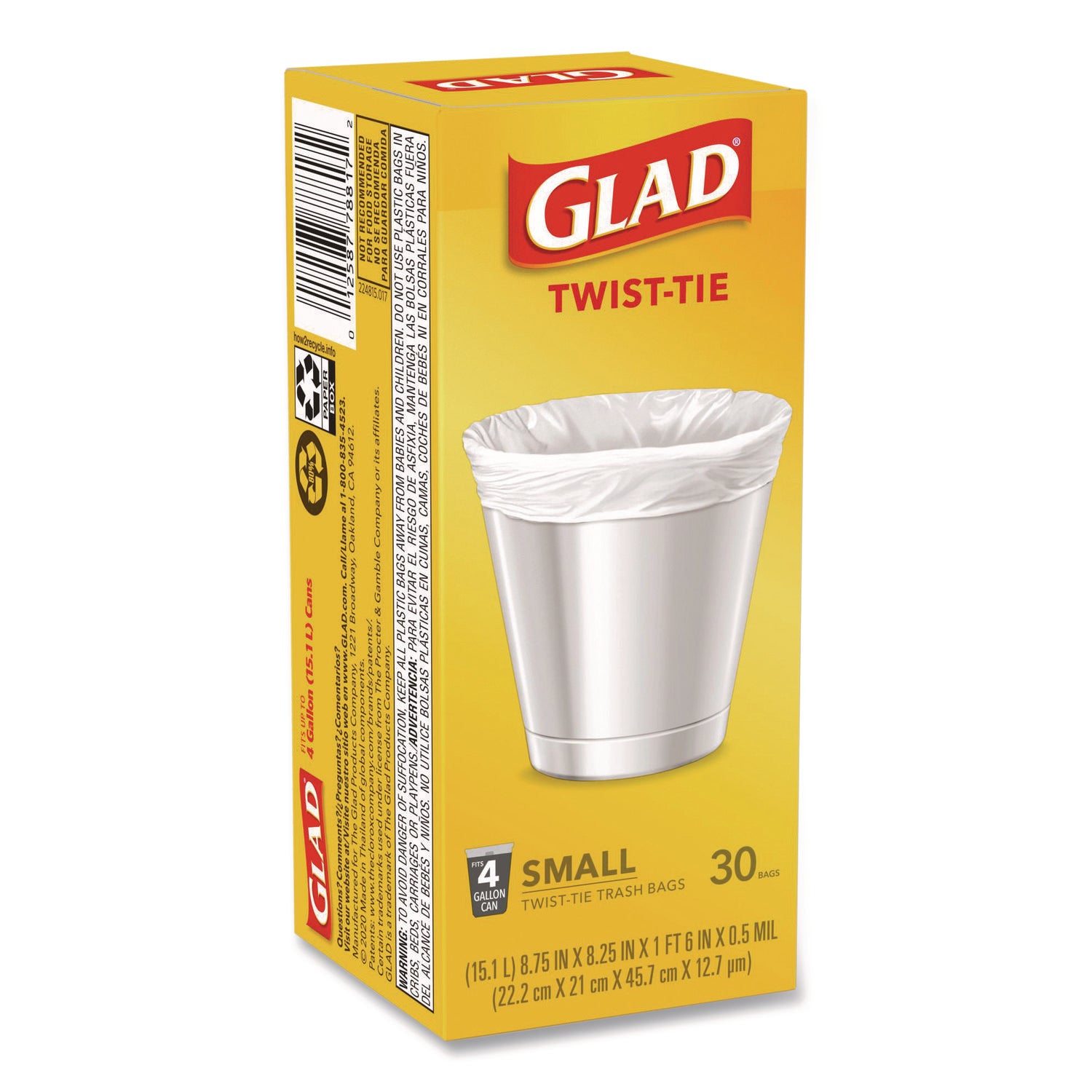 Glad® Small Twist-Tie Trash Bags, 4 gal, 0.74 mil, 23 x 21.63, White, 30/Box