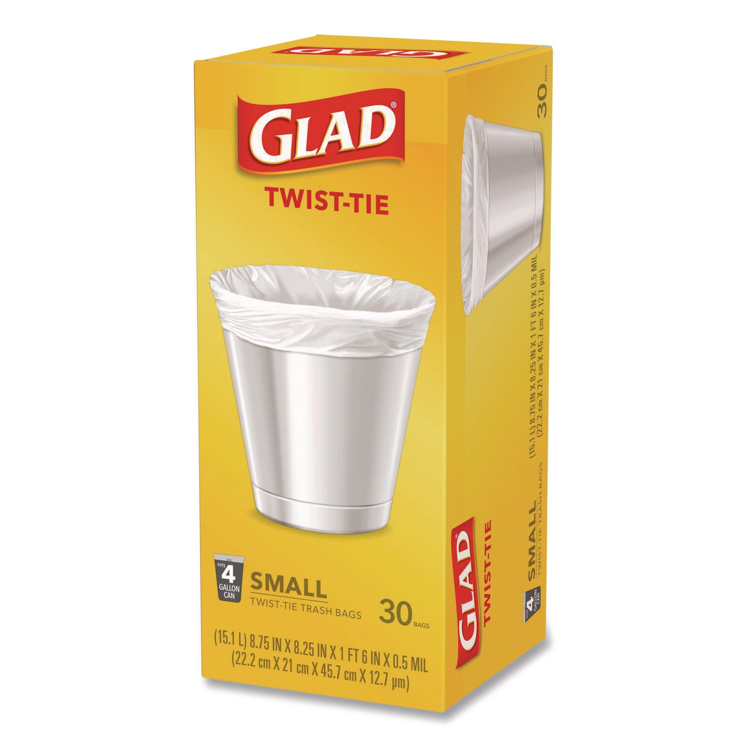 Glad® Small Twist-Tie Trash Bags, 4 gal, 0.74 mil, 23 x 21.63, White, 30/Box