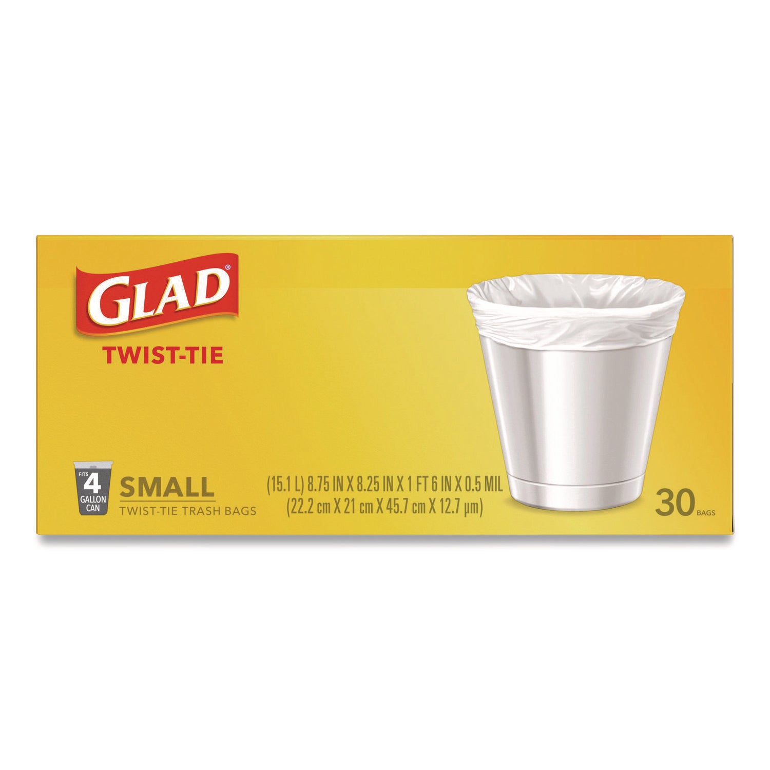 Glad® Small Twist-Tie Trash Bags, 4 gal, 0.74 mil, 23 x 21.63, White, 30/Box