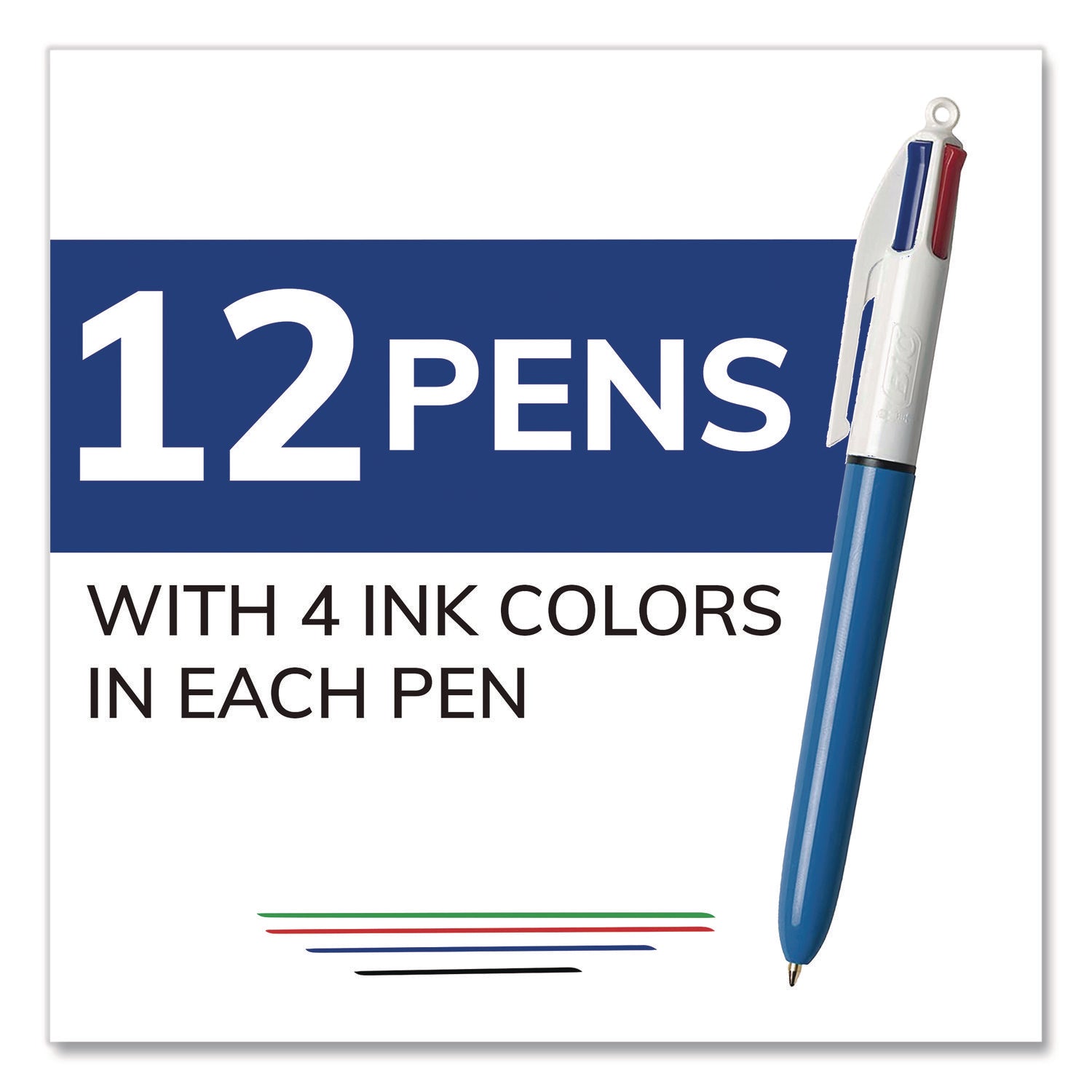 BIC® 4-Color Multi-Color Ballpoint Pen, Retractable, Medium 1 mm, Black/Blue/Green/Red Ink, Blue/White Barrel, 12/Box