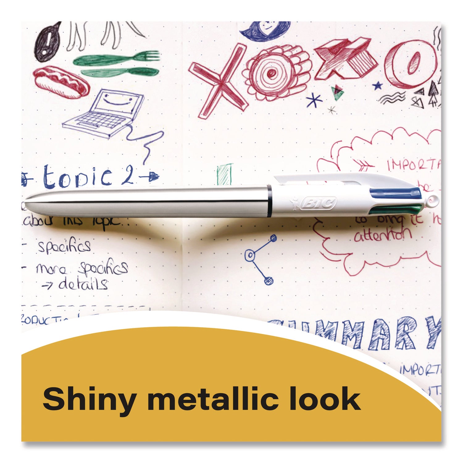 BIC® 4-Color Shine Multi-Color Ballpoint Pen, Retractable, Medium 1mm, Black/Blue/Green/Red Ink, Assorted Metallic Barrels, 3/Pack