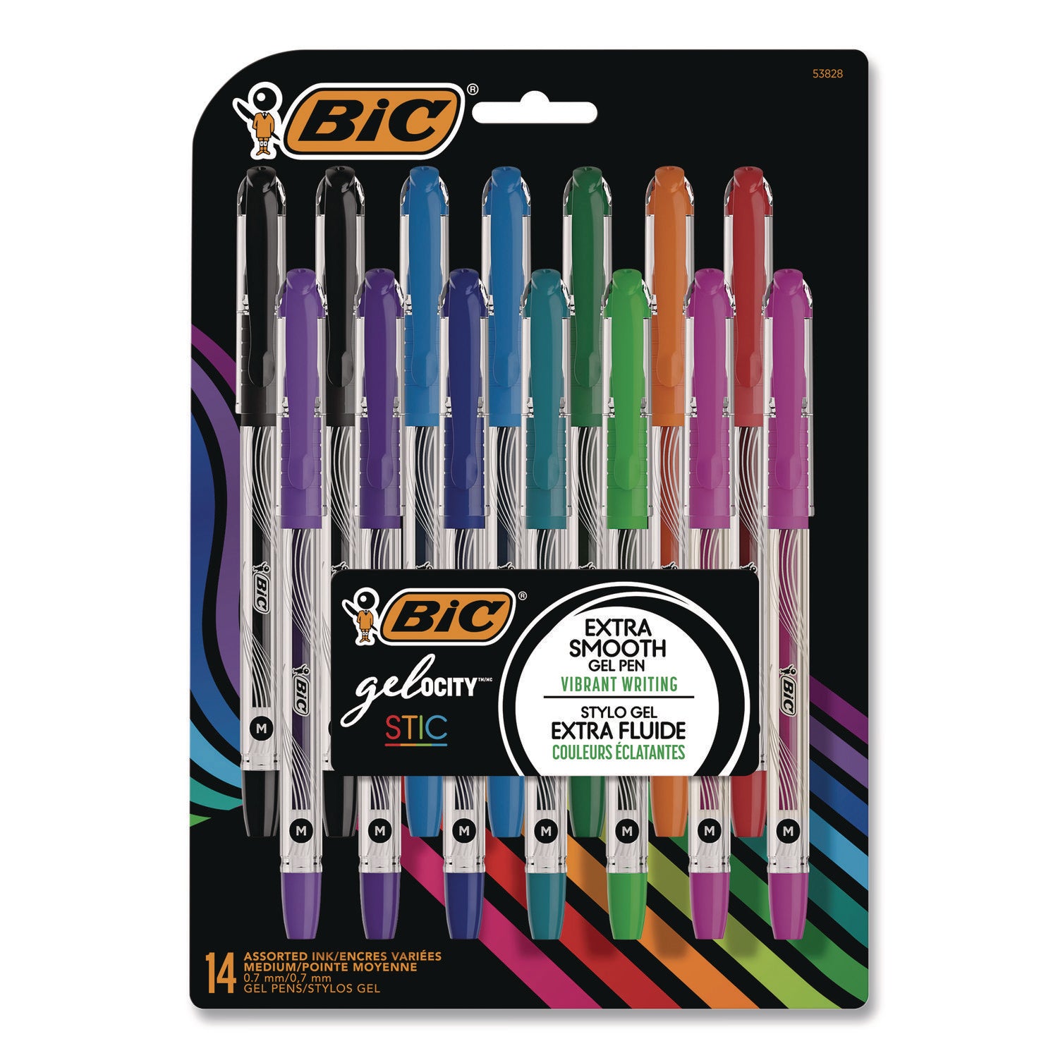 BIC® Gel-ocity STIC Gel Pen, Stick, Medium 0.7 mm, Randomly Selected Ink and Barrel Color Assortment, 14/Pack