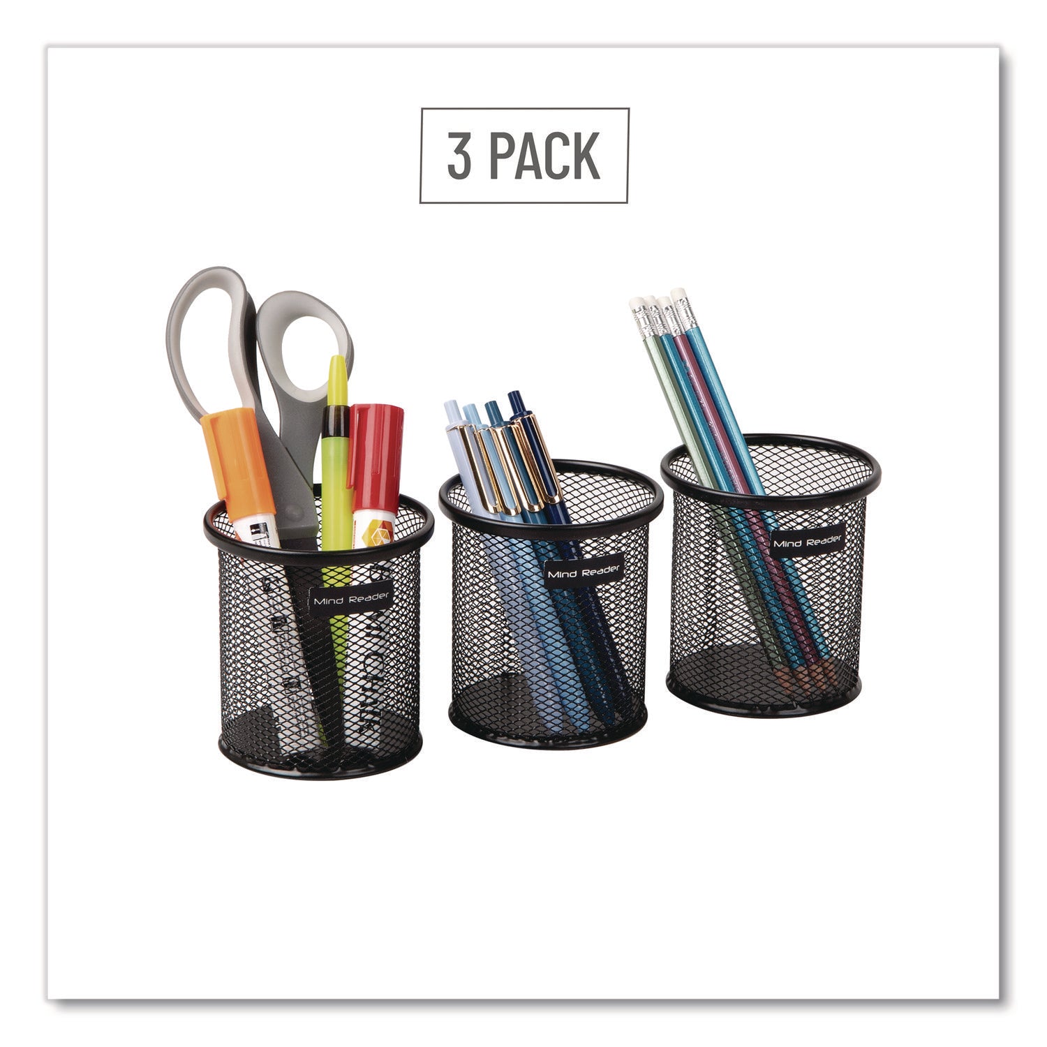 Mind Reader Metal Mesh Utensil Holder, 3.5" dia x 3.7"h, Black, 3/Pack