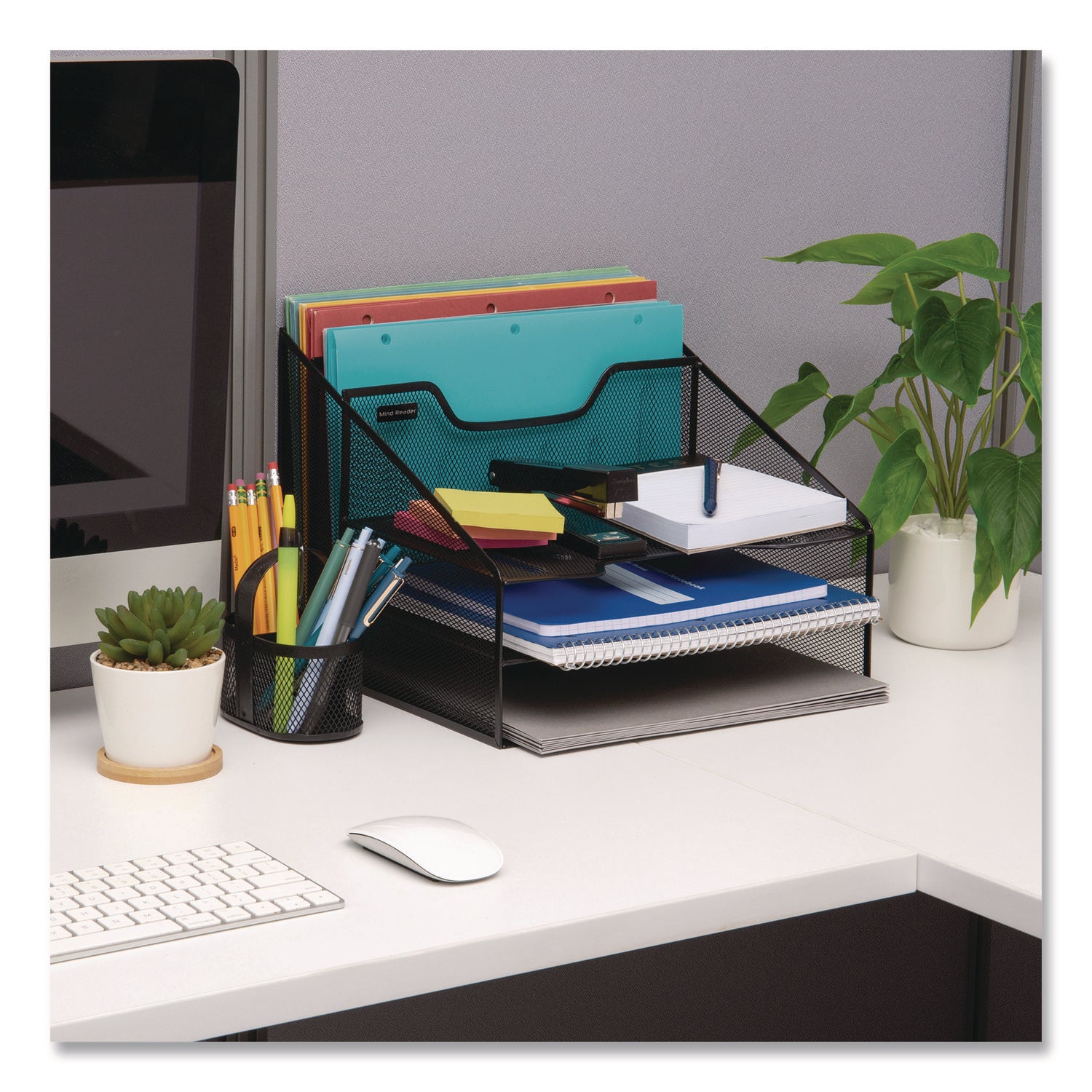 Mind Reader Metal Mesh Vertical File Holder Paper Tray Desktop Organizer, 2-Tier/5-Compartment, Letter Size, 11.25 x 12.5 x 9.5, Black