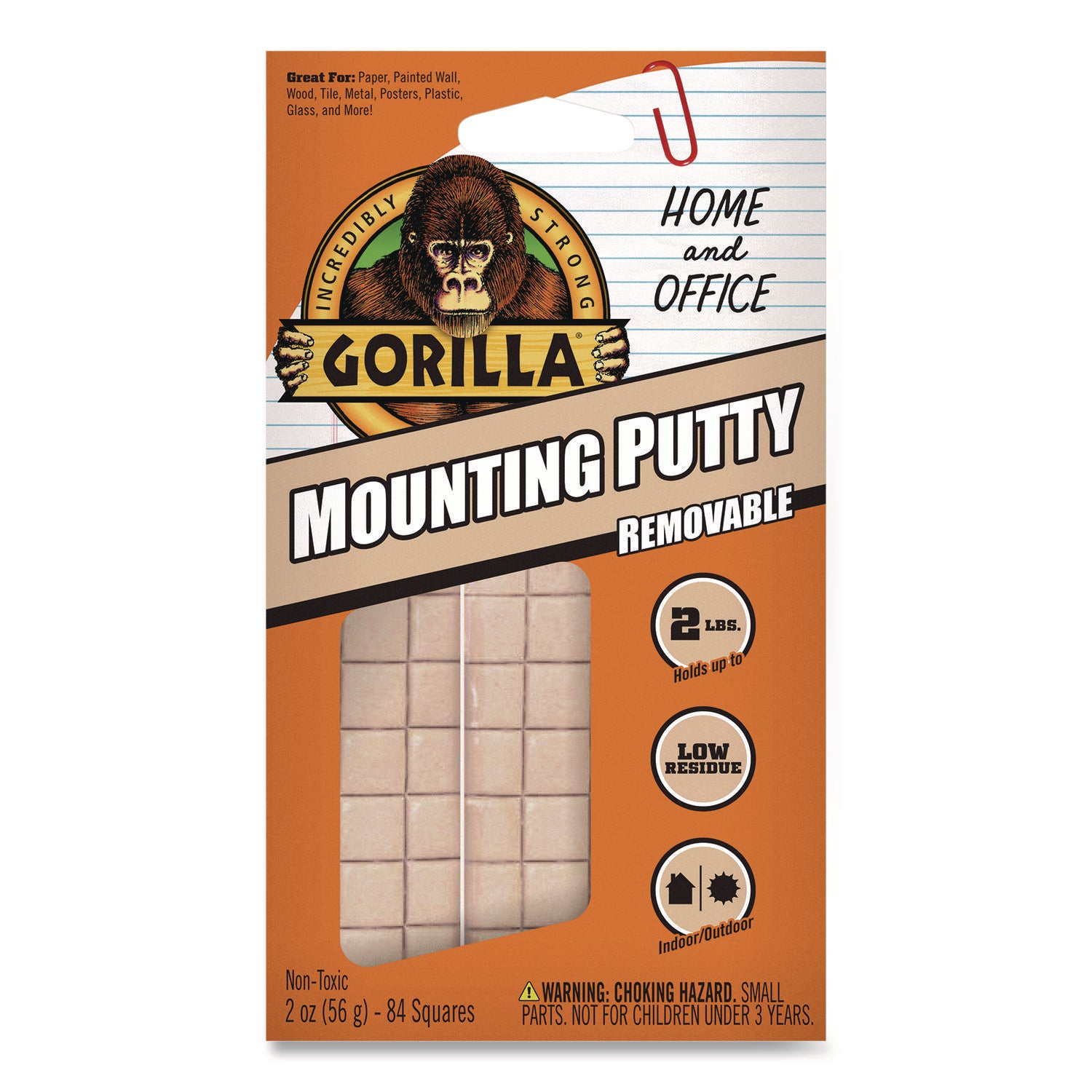 Gorilla® Removable Mounting Putty, Repositionable and Reusable, 2 oz, 84 Squares/Pack